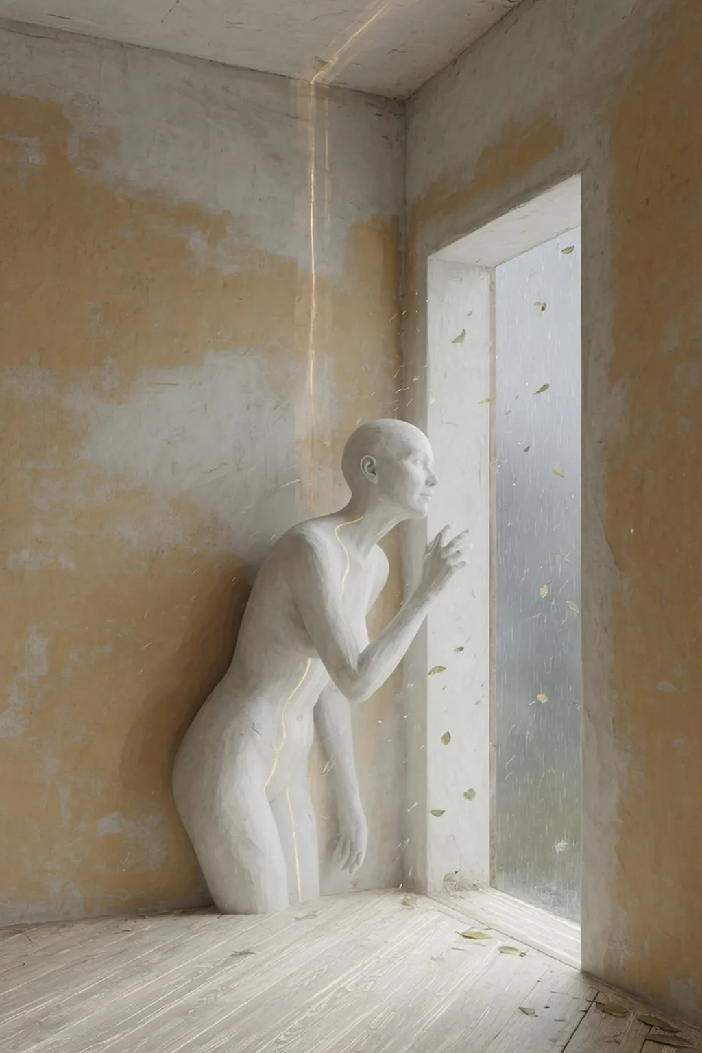 A tall portrait interior: a quiet plastered room with warm gray-ochre walls, high ceiling, floorboards whose …