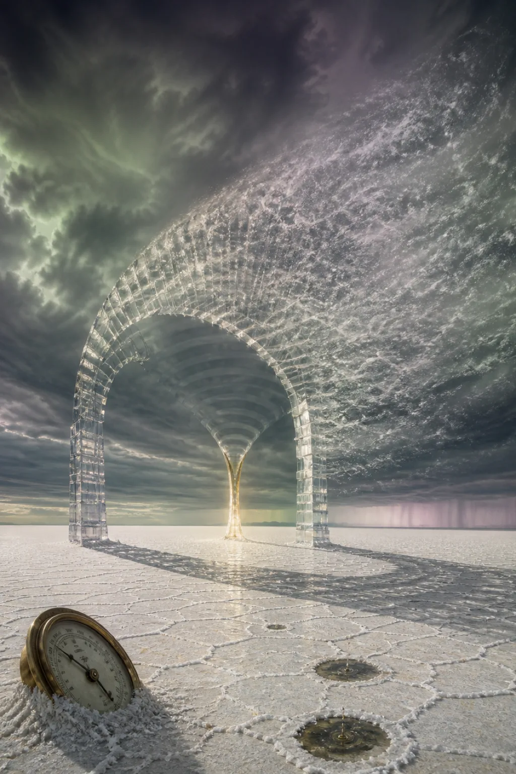 Portrait orientation, 4:5. An immense interior sky over a pale endless salt plain — the moment …