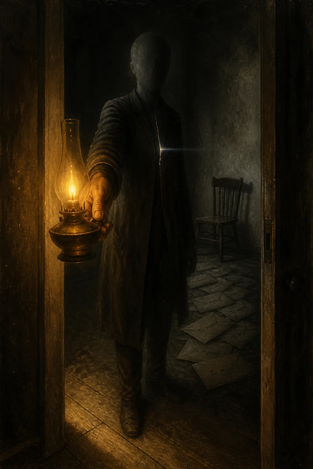 Vertical portrait composition, dim painterly chiaroscuro, oil-on-board texture with visible dust and scumbled edges. A tall …