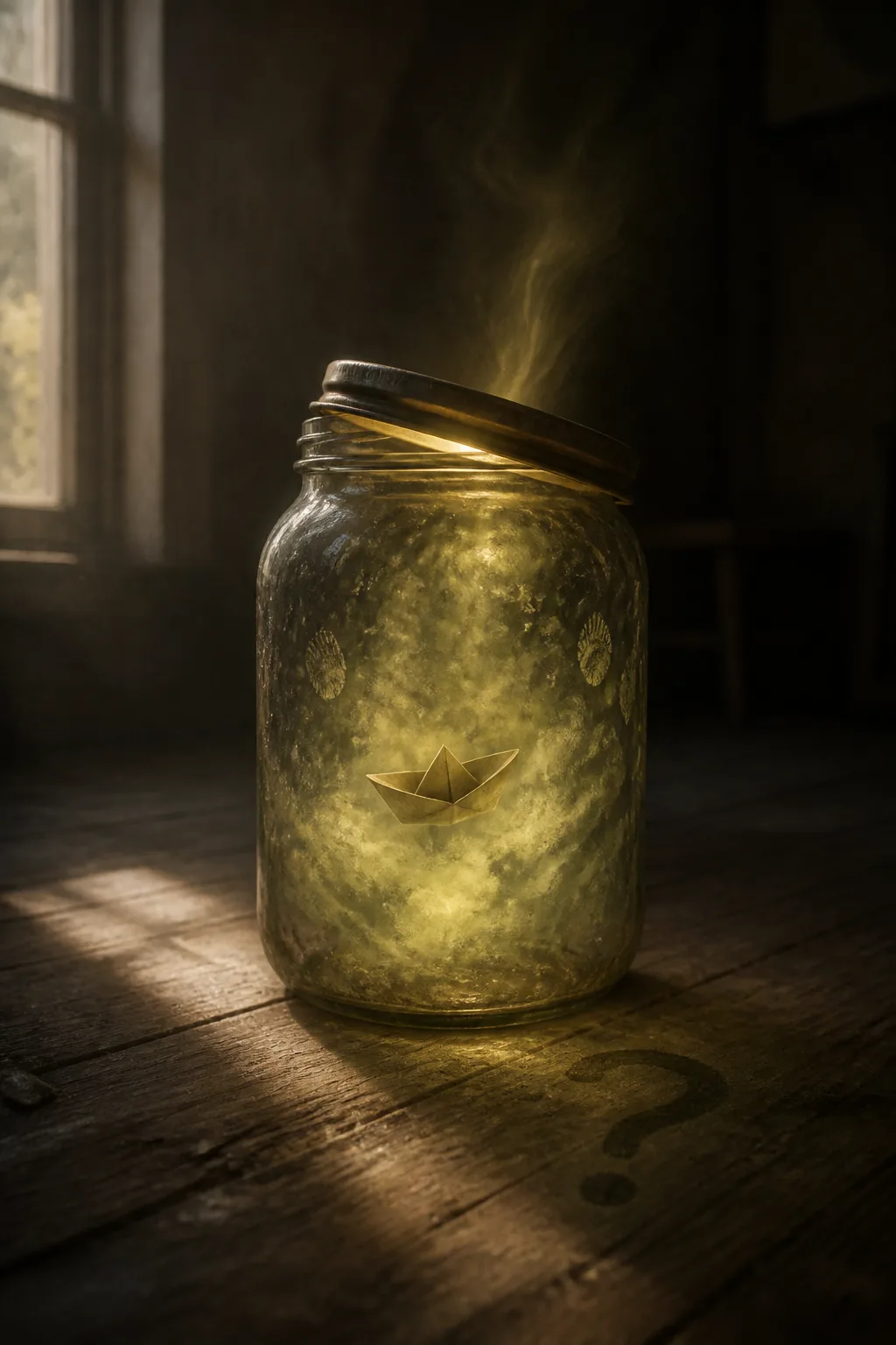 Portrait orientation, painterly photographic realism with a soft chiaroscuro atmosphere. A dim, dust-heavy interior room, late …