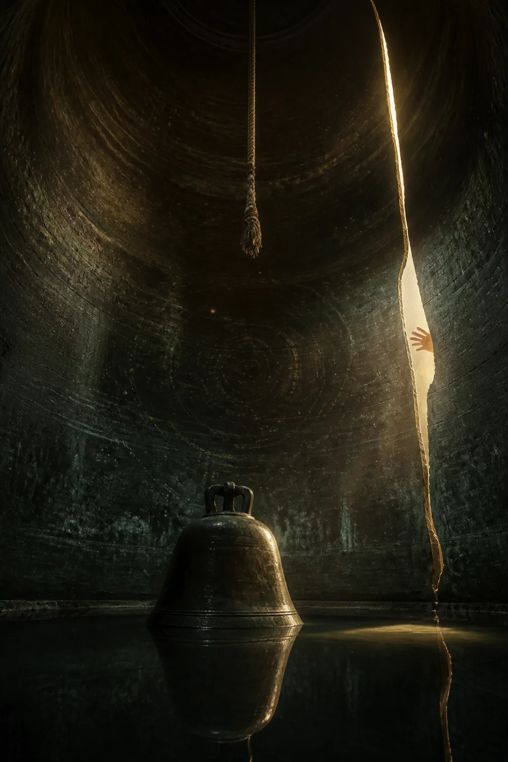 Portrait orientation. Interior view from inside an enormous cast-bronze bell, its curved walls rising like a …