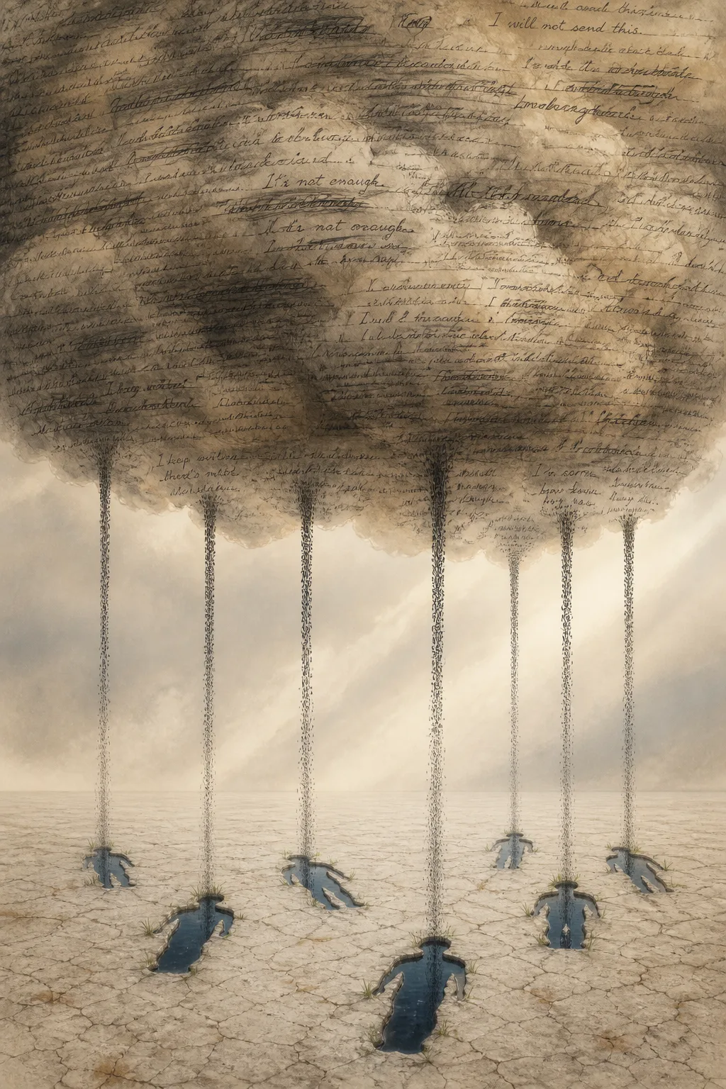 A tall portrait composition. In the upper two-thirds, an immense low-hanging cloud rendered not as vapor …