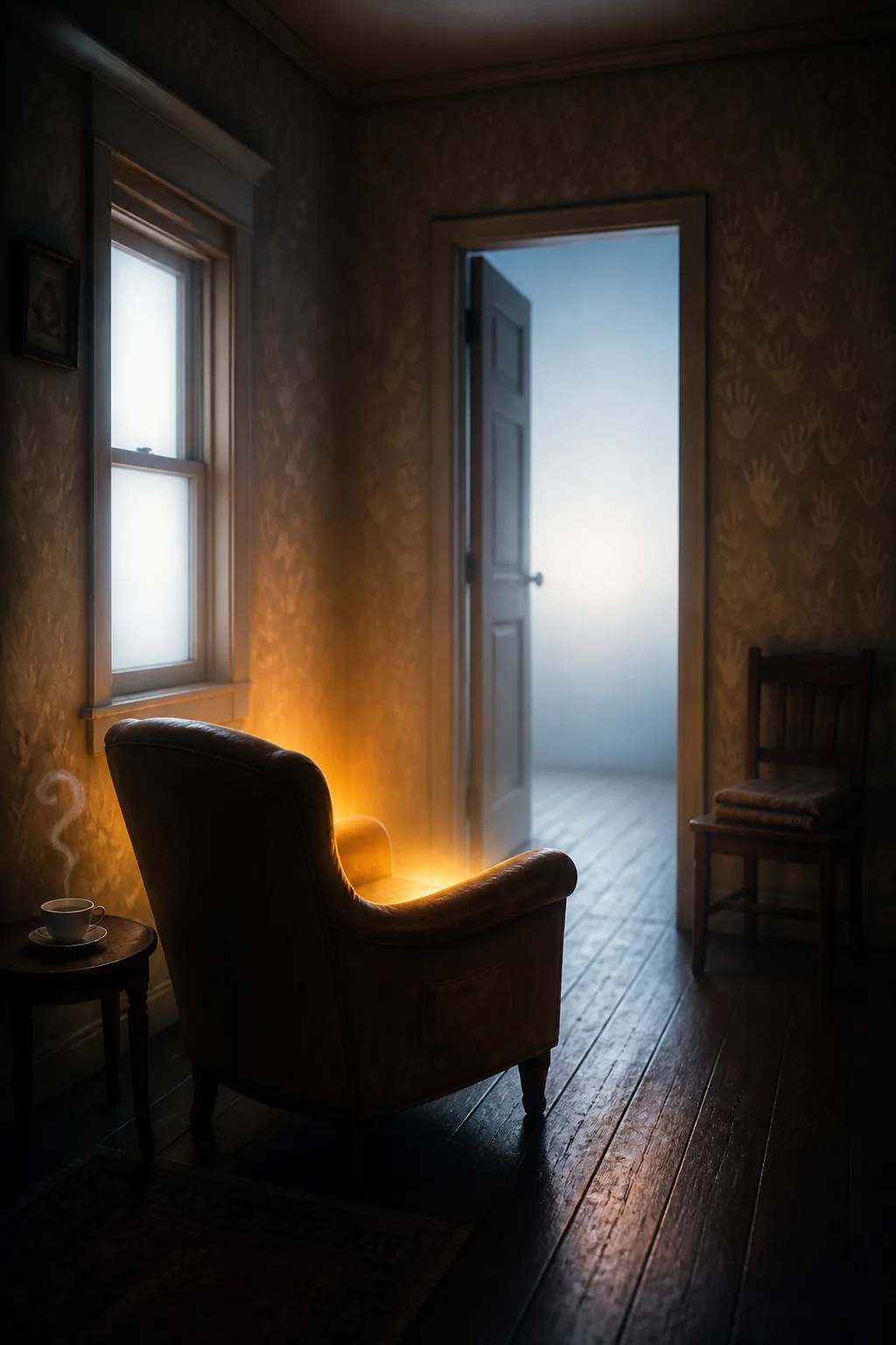 Portrait orientation. A quiet interior at the blue hour, rendered in soft photographic realism with a …