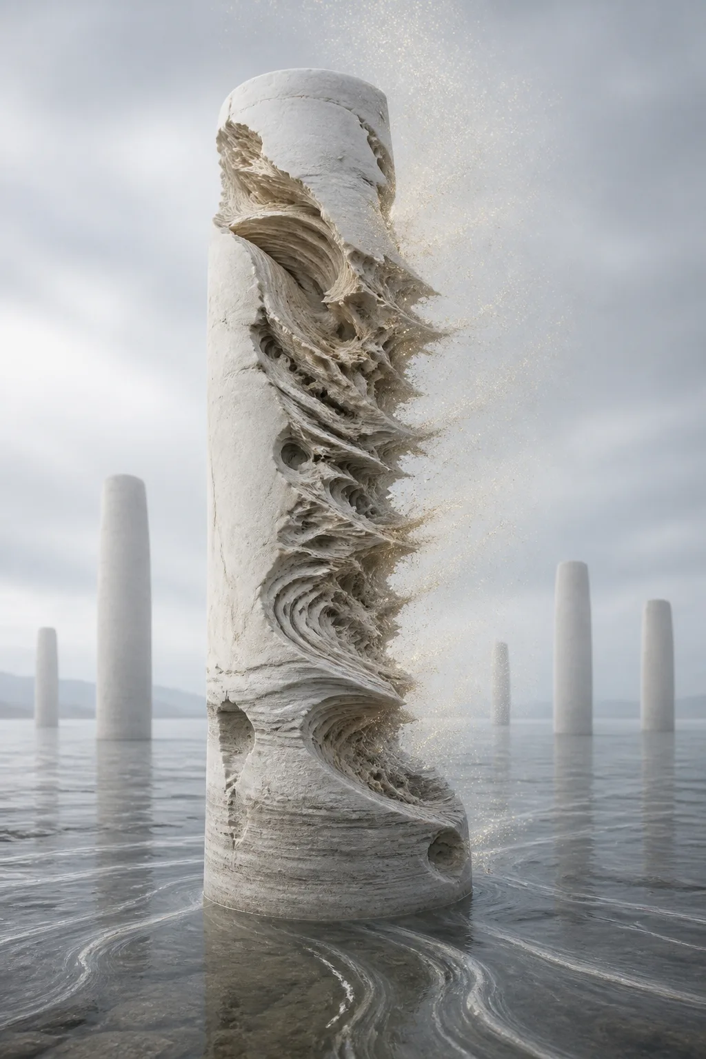 Portrait orientation. A tall standing form of pale layered sediment — pressed silt, chalk, and fine …