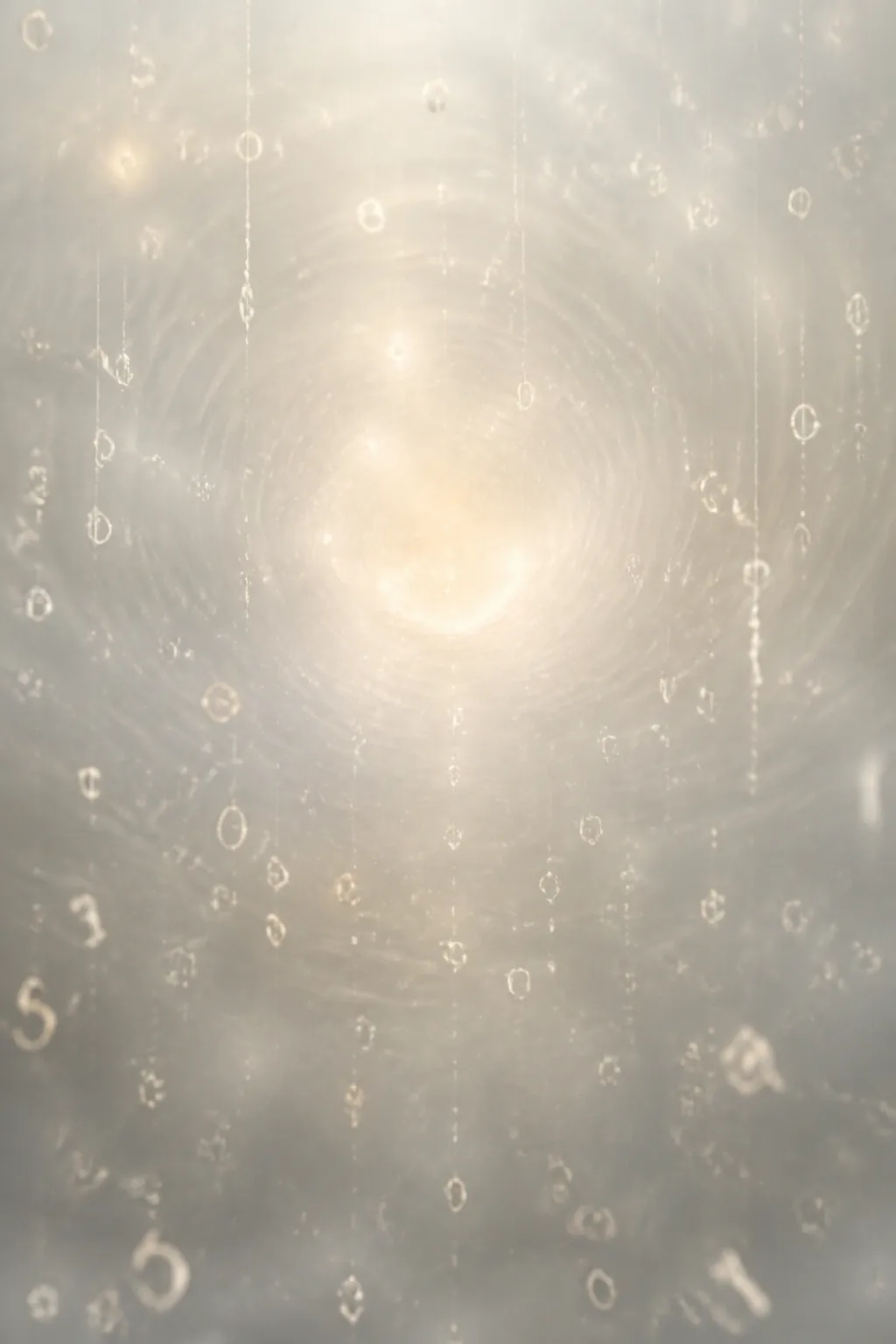 Interior of an immense pale chamber with no visible floor, ceiling, or corners — soft luminous …