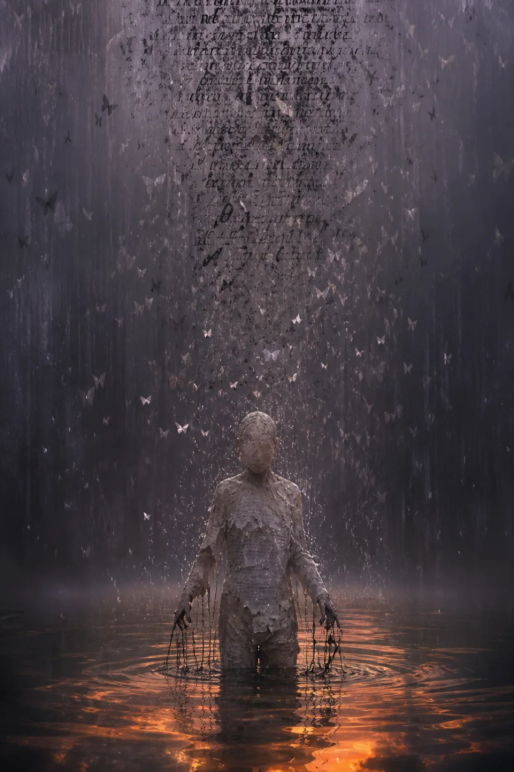 A tall vertical dreamscape, portrait orientation. A colossal column of half-formed handwritten letters rises through the …