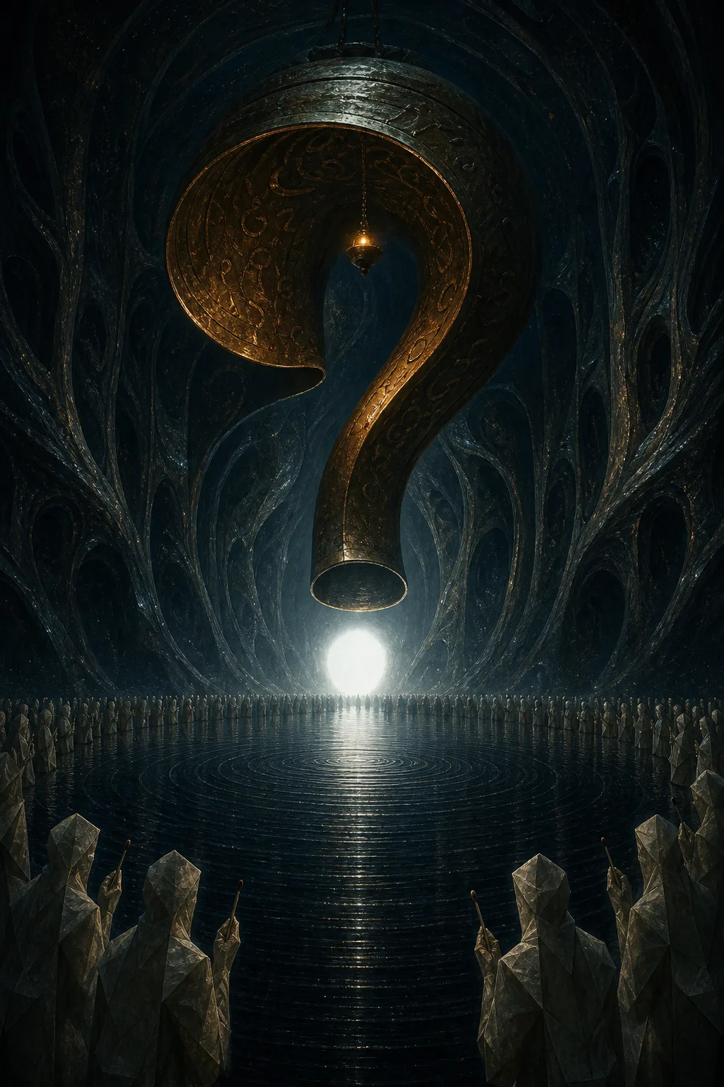 Portrait orientation. Interior of an impossibly vast dark chamber, cathedral-scaled but organic, its walls curving like …