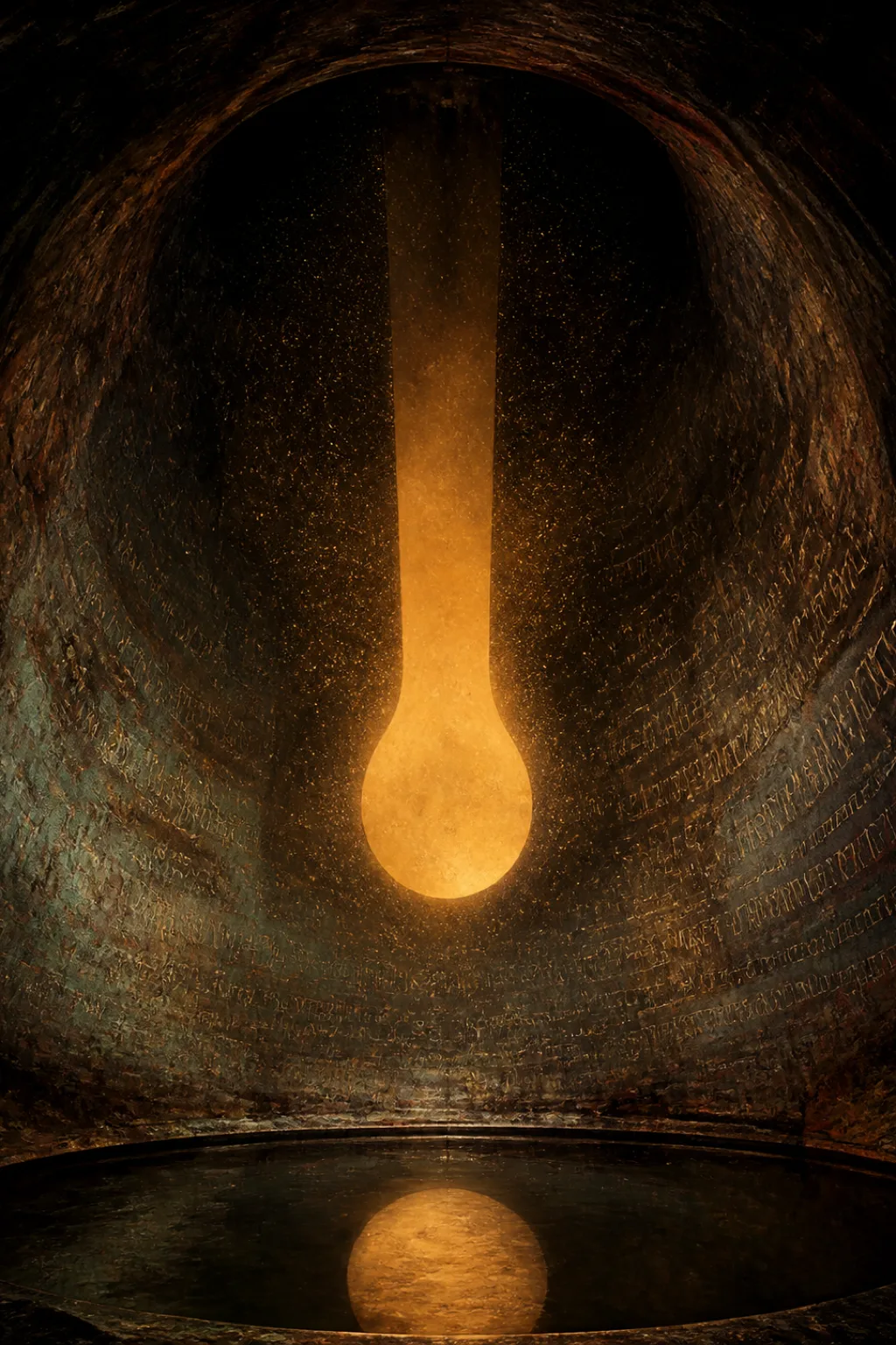 Portrait orientation, tall vertical composition. The interior of an enormous dark bronze bell, viewed from inside …