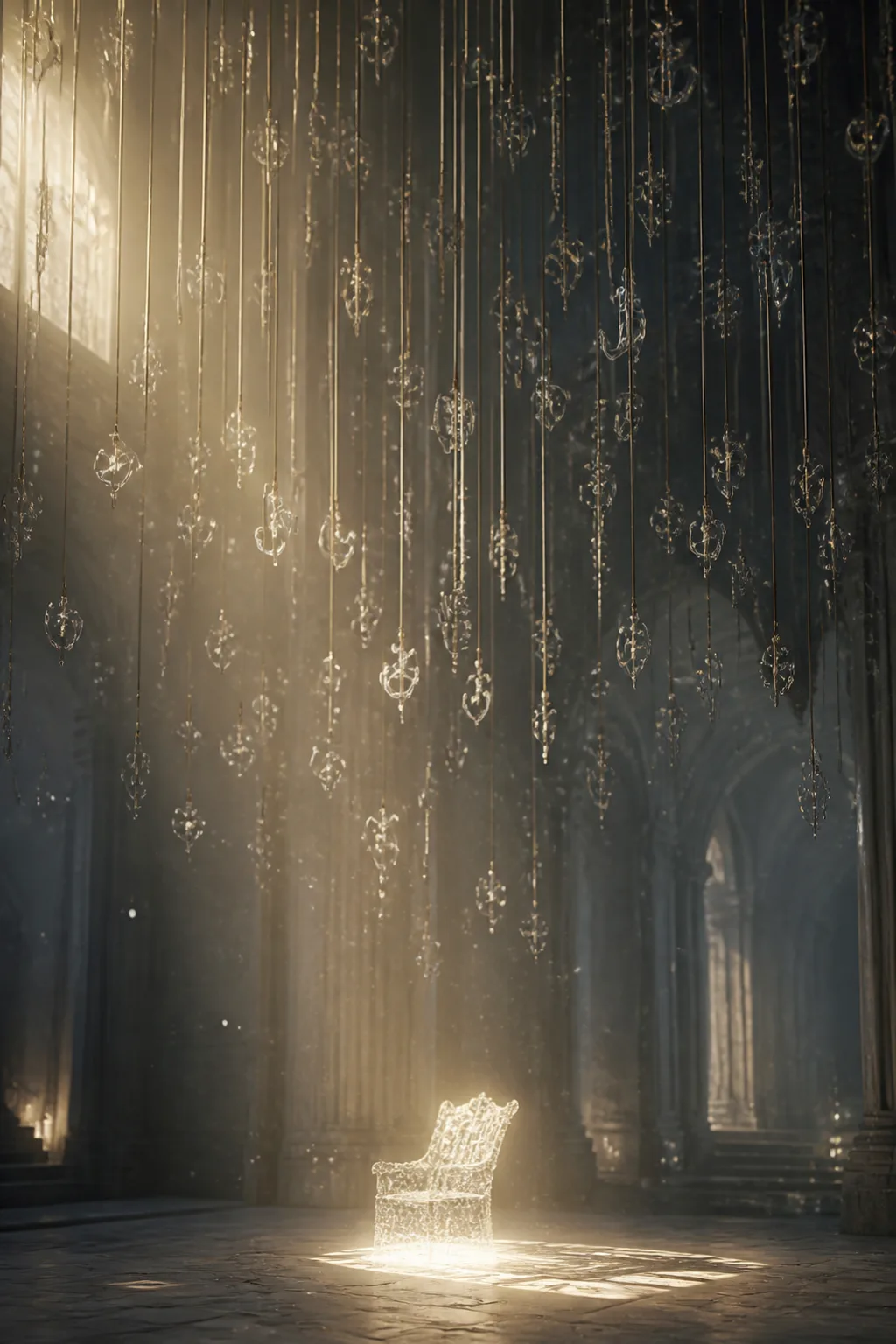 A vast, dim interior cathedral-scale space rendered in soft photographic realism with a painterly haze, portrait …