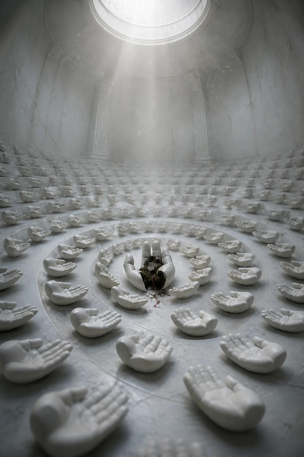 A tall vertical composition. A vast pale chamber, chalk-white and dust-hazed, lit by a single high …