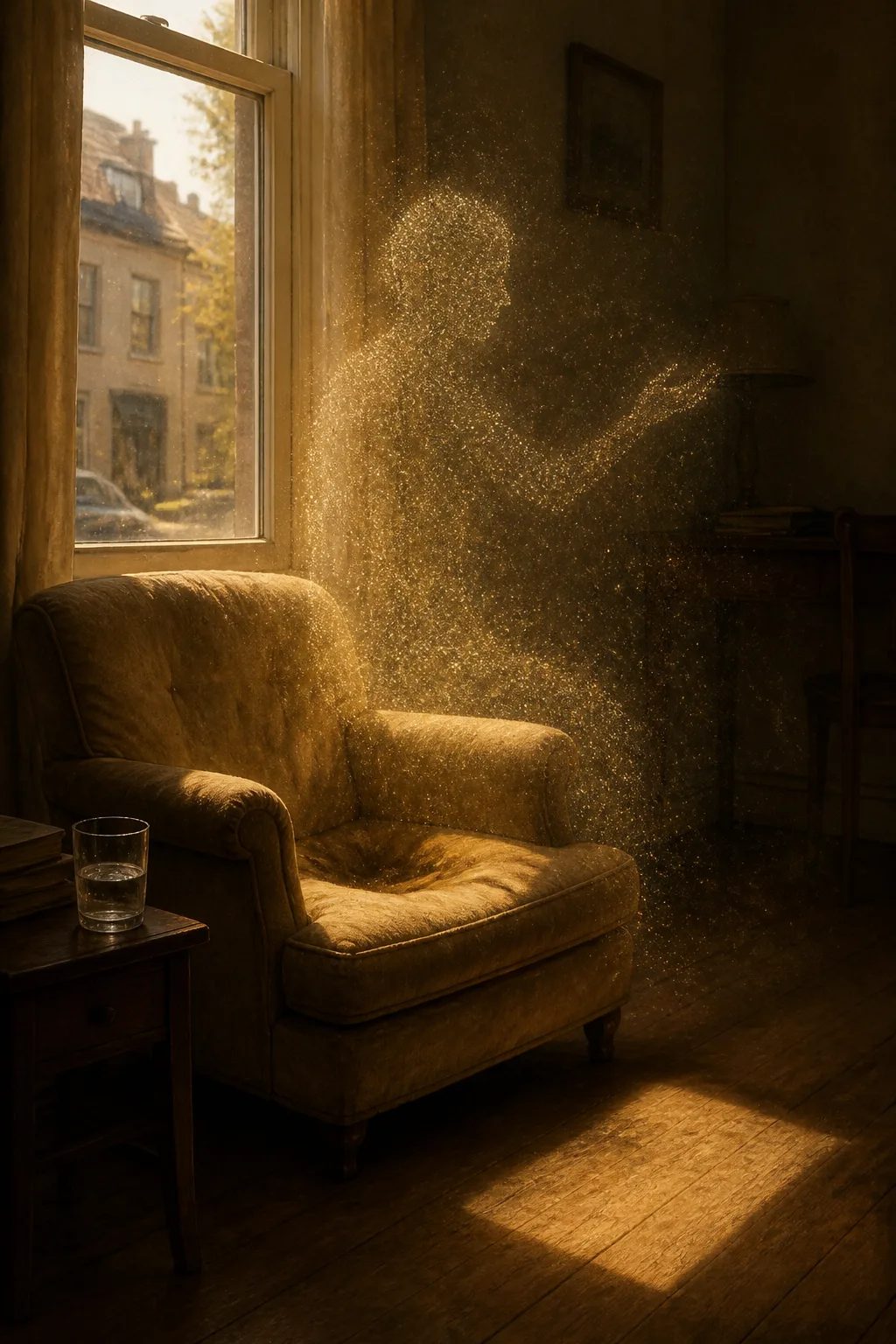 Portrait orientation, painterly and photographic at once, soft natural light. A small quiet room in late …