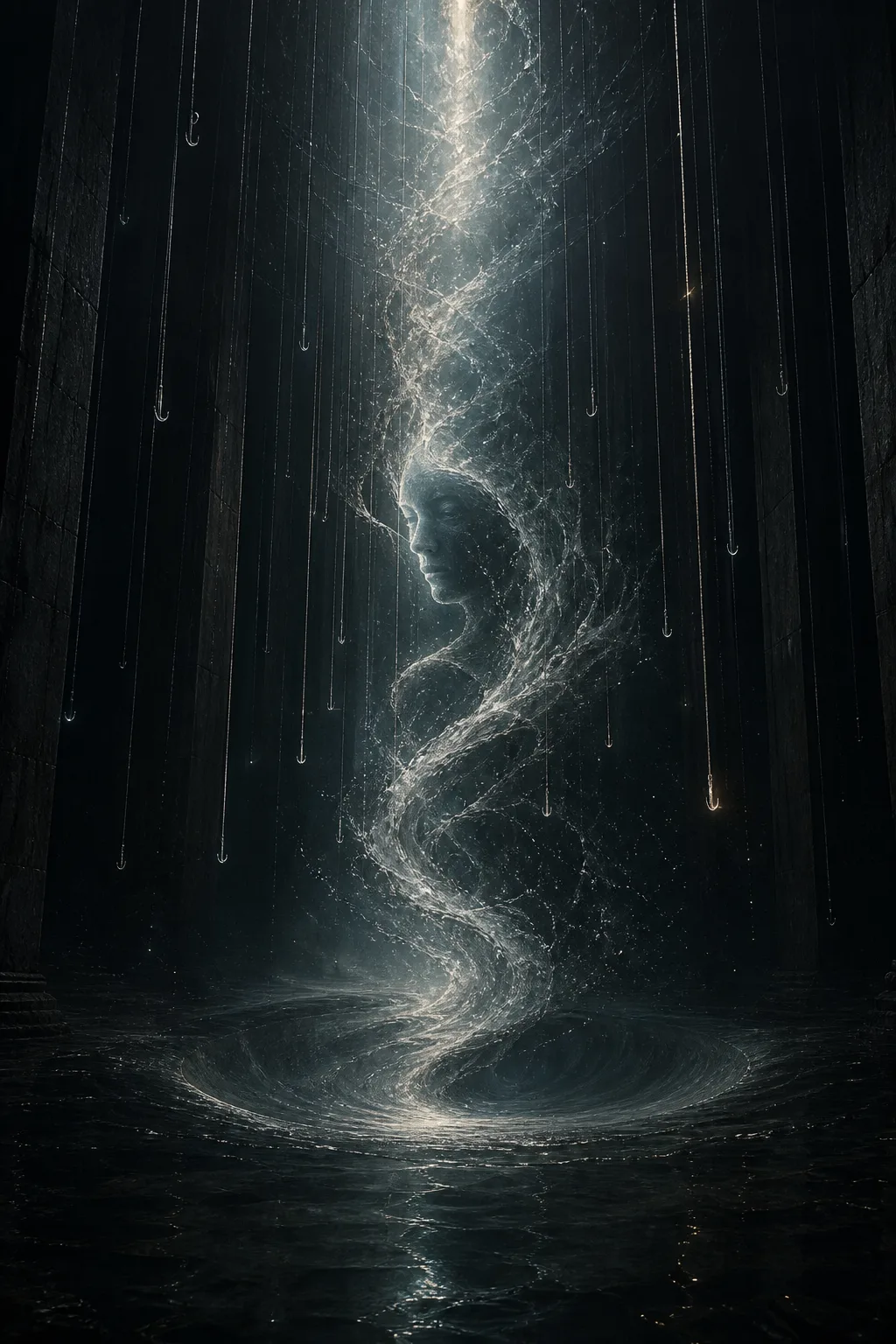 Portrait orientation. A tall dark hall, submerged in slow-moving black water lit from far above by …