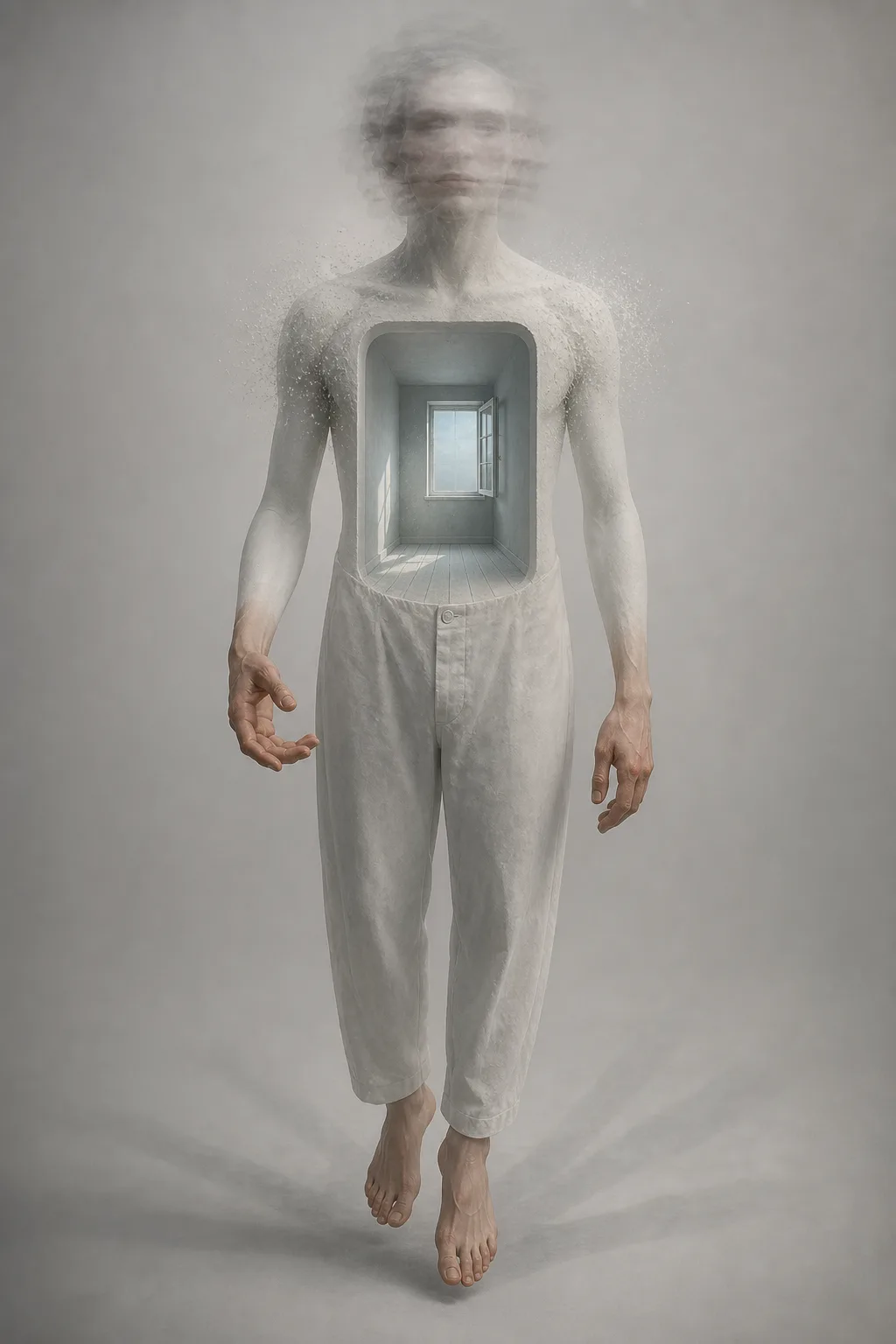 Portrait orientation. A life-size human figure standing in a soft, empty pearl-grey void, lit like an …