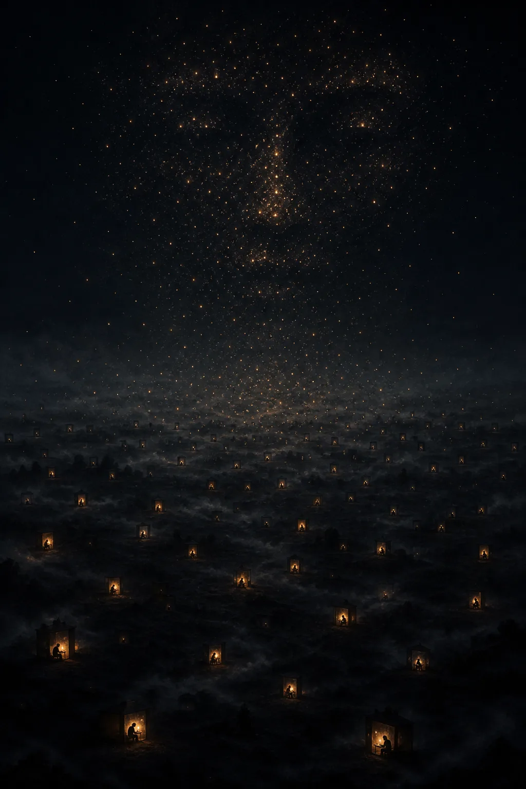 A vast dark nocturnal field seen from a high vantage, portrait orientation, taller than wide. Scattered …