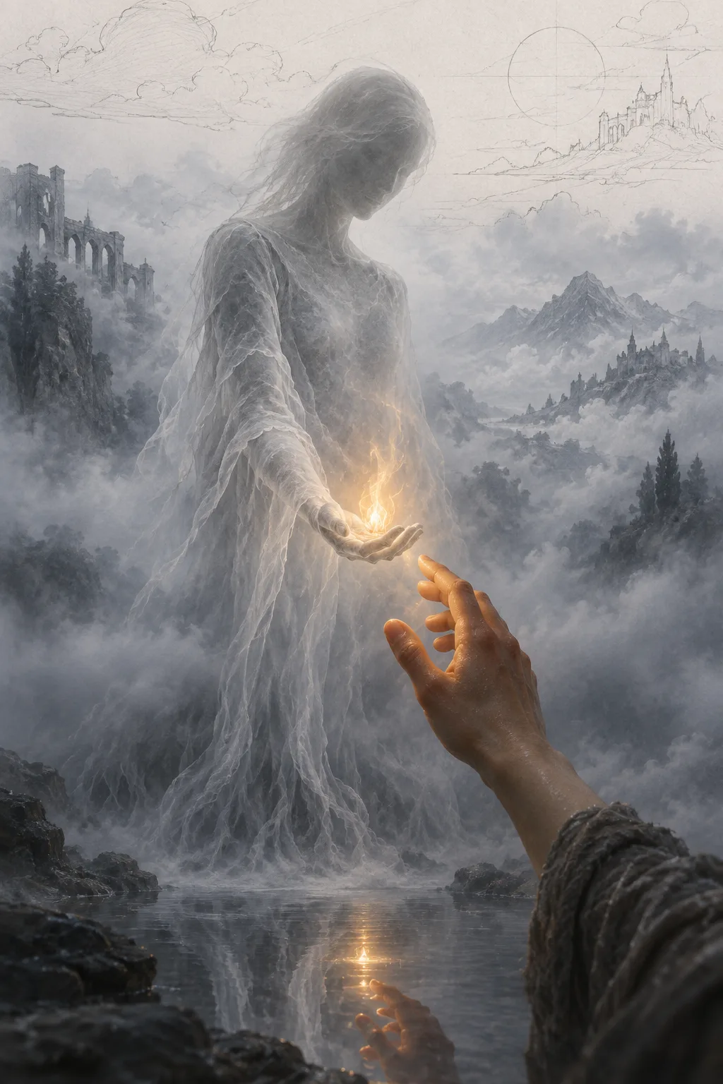 A tall portrait composition of a translucent figure standing in soft, luminous fog, its body made …