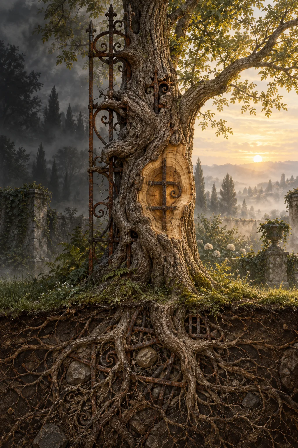 A tall, solitary tree in portrait composition that long ago grew through an old wrought-iron garden …