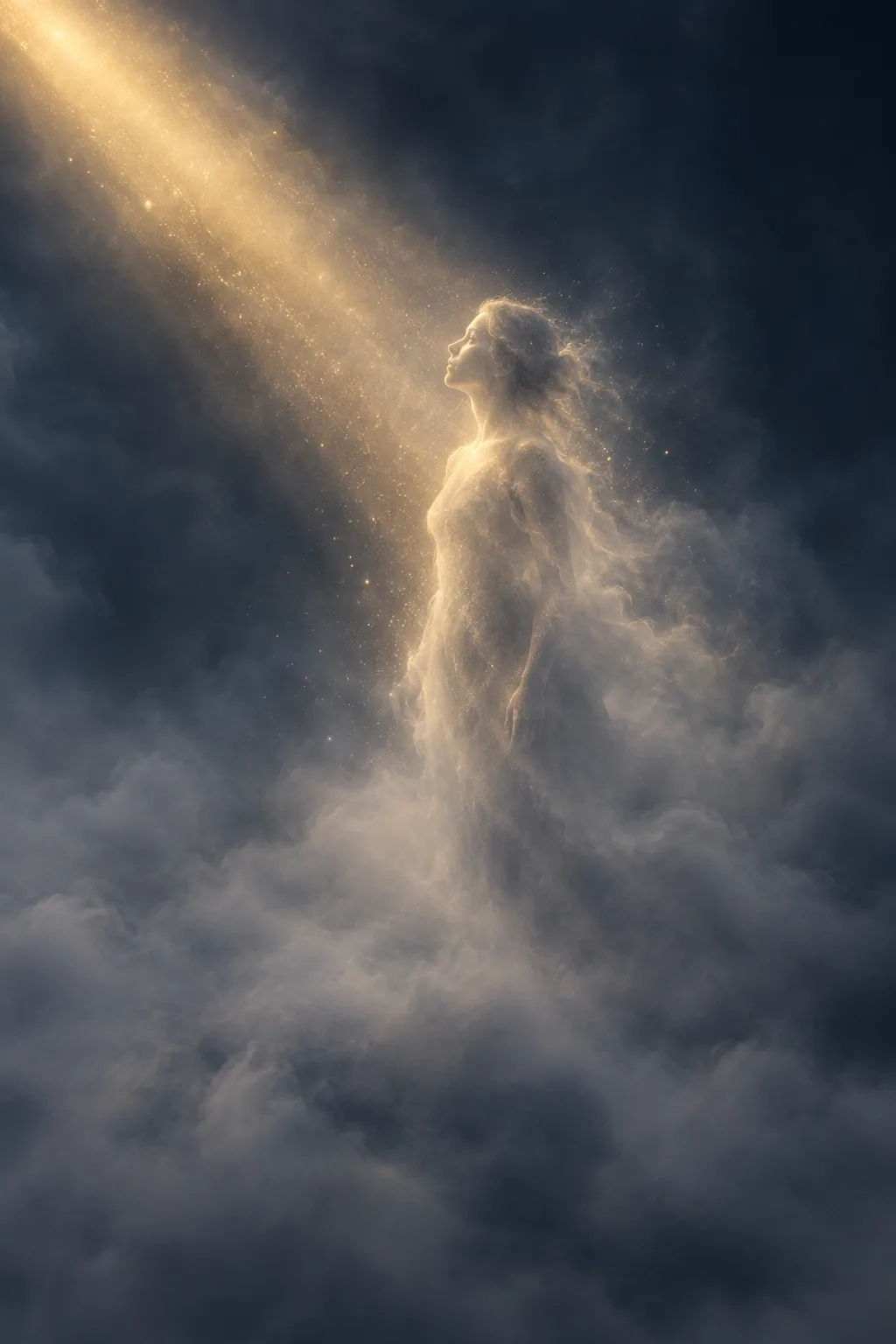 Tall vertical composition, a vast sea of soft pearl-grey fog at blue hour, no horizon visible. …