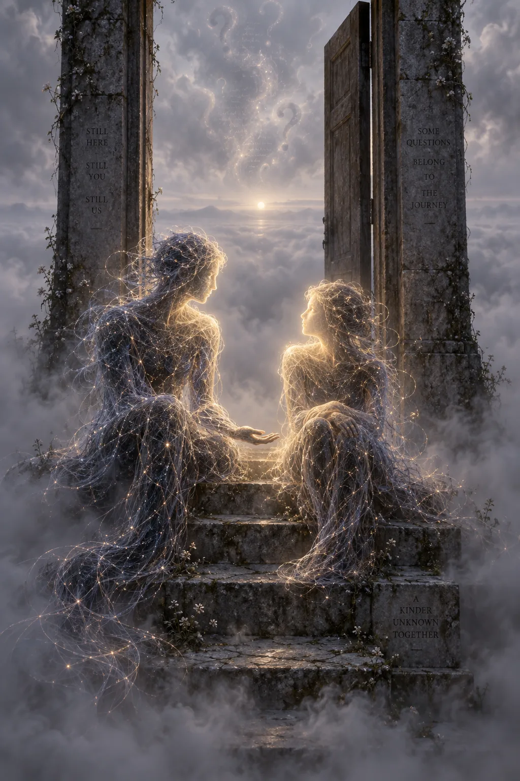 Tall vertical composition. Two luminous figures sit side by side on the worn stone steps of …