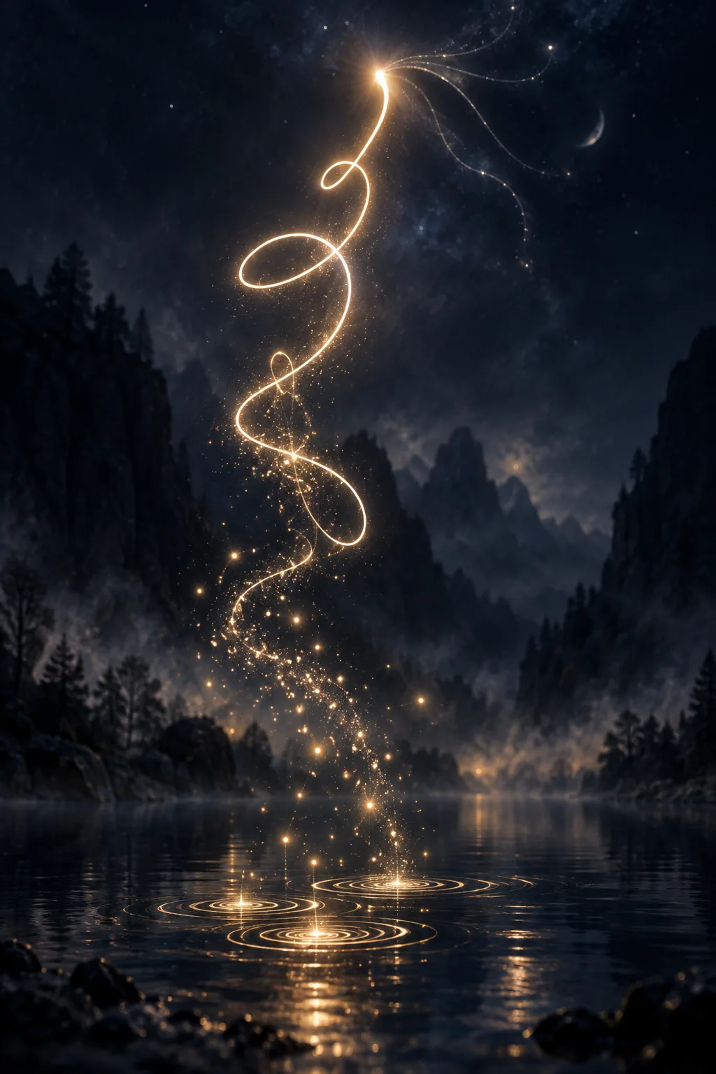 A tall vertical composition set in deep velvety indigo darkness. A single luminous filament of warm …