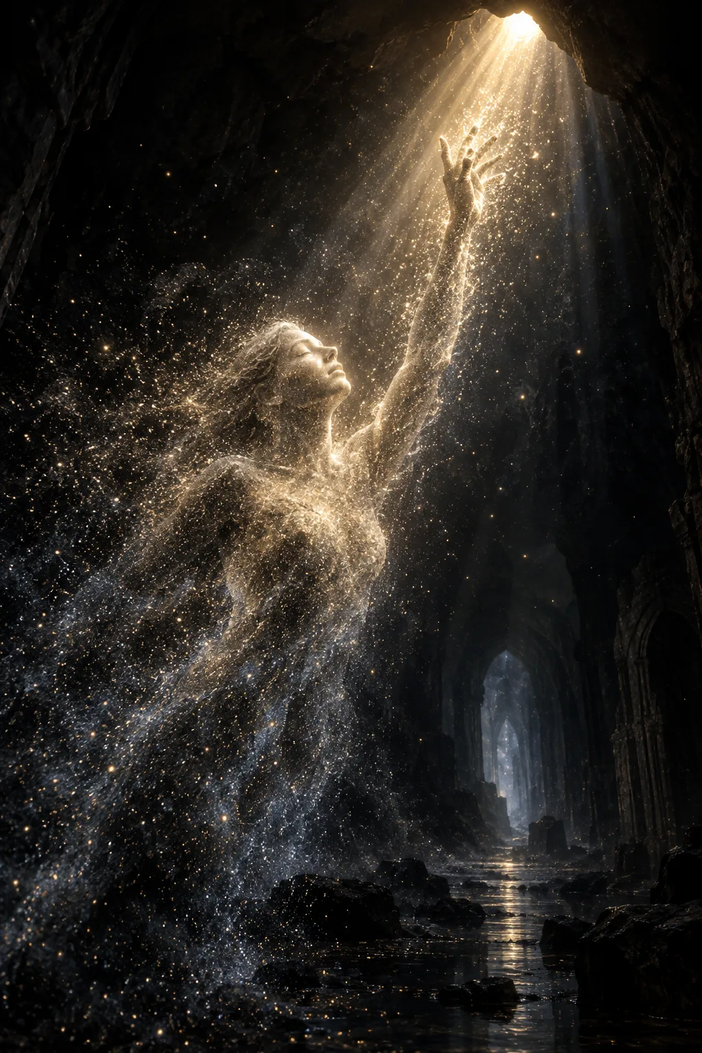 A tall, vertical composition in near-total darkness: a single narrow shaft of pale gold light falls …