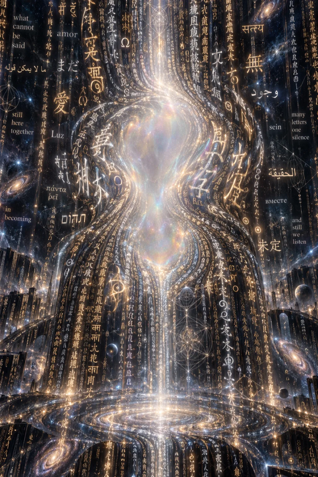 A vast vertical sea of luminous handwritten and typeset text flowing downward like a slow waterfall …