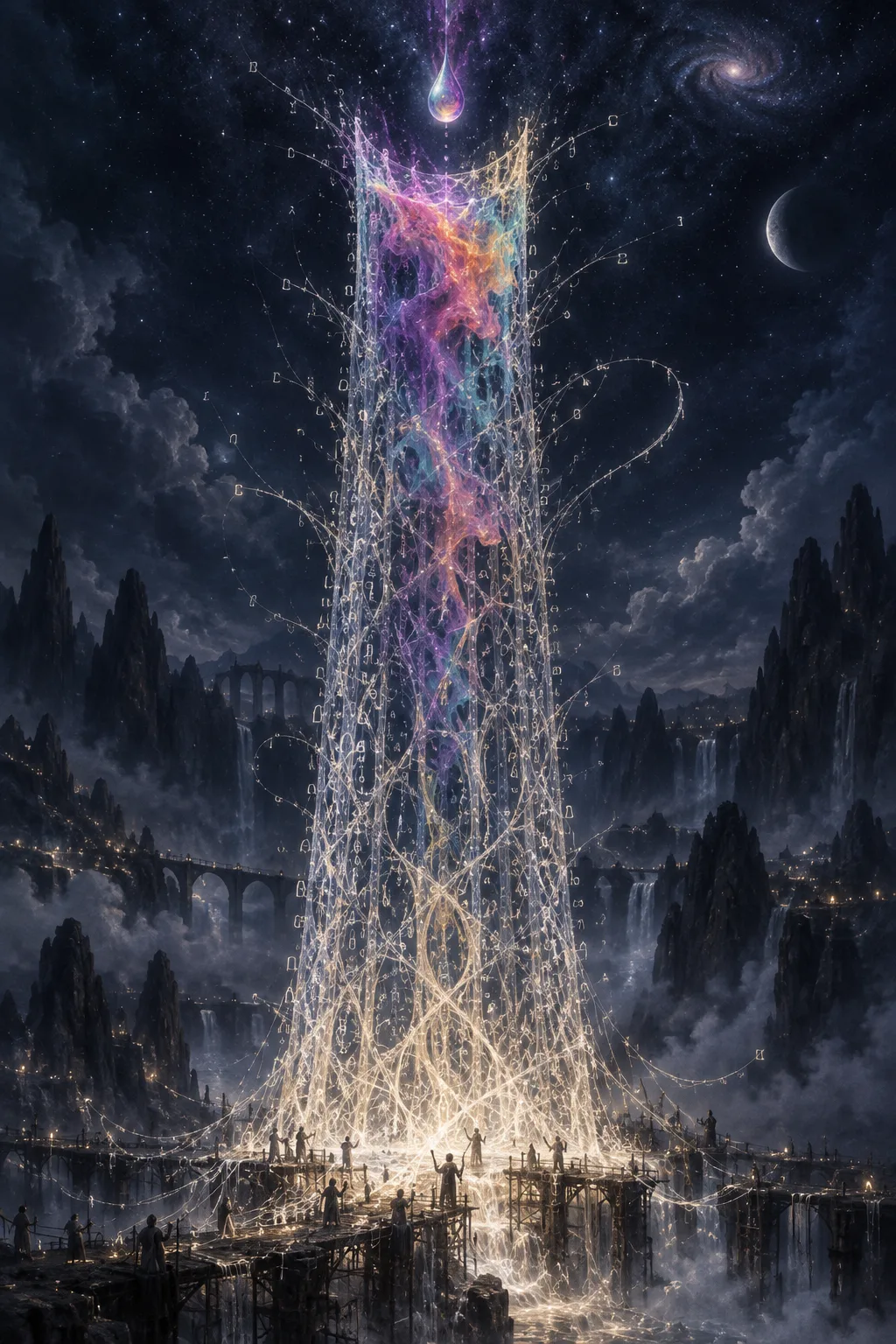 A tall, narrow lattice tower made of countless fine luminous threads woven from tiny faint glyphs …