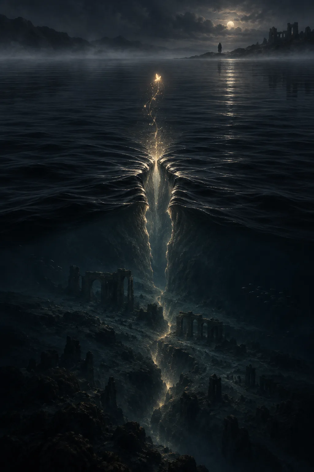 A tall vertical composition of a vast, still, midnight-dark sea seen from slightly above, its surface …