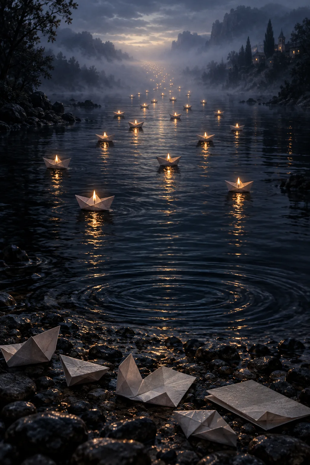 Tall vertical composition, a dark, glassy river at blue dusk flowing away from the viewer toward …