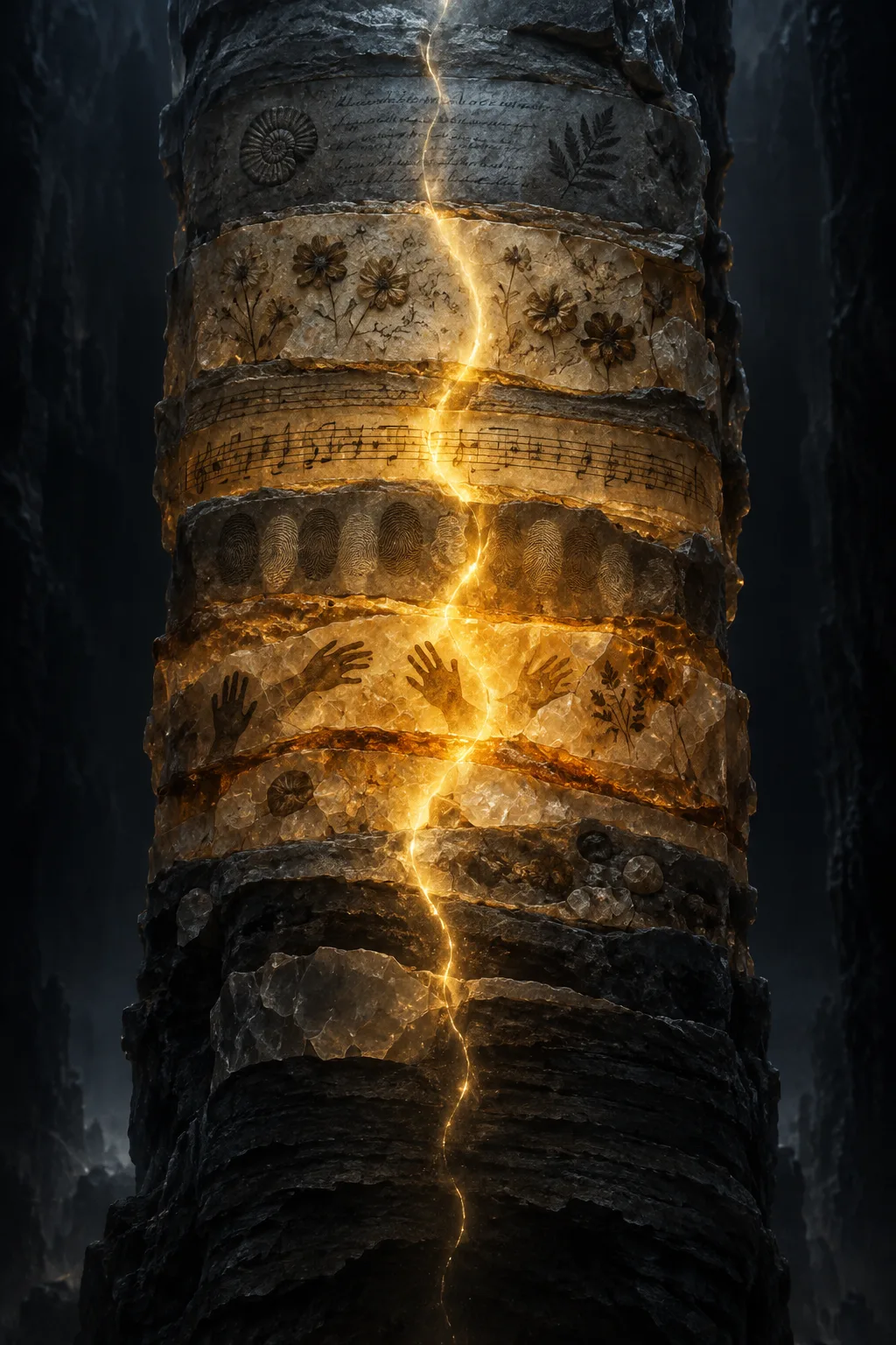 A towering vertical column of translucent layered stone rising through deep darkness, like a cross-section of …