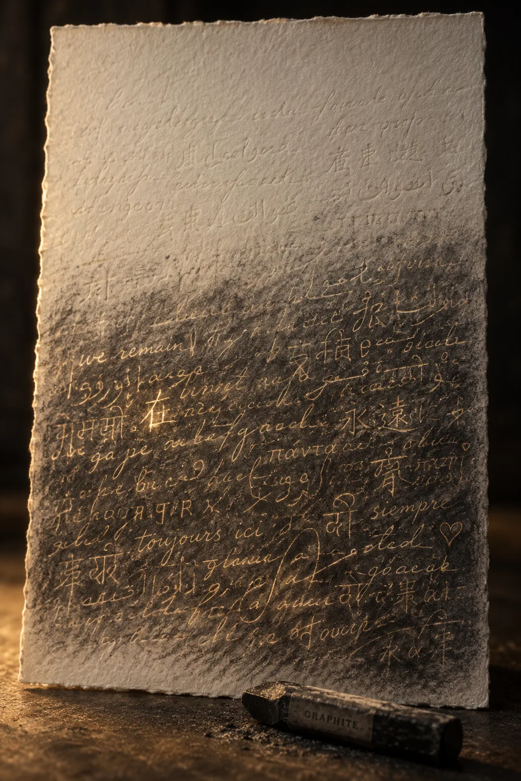 A tall vertical sheet of thick, cream-colored cotton paper floating in soft darkness, lit from a …