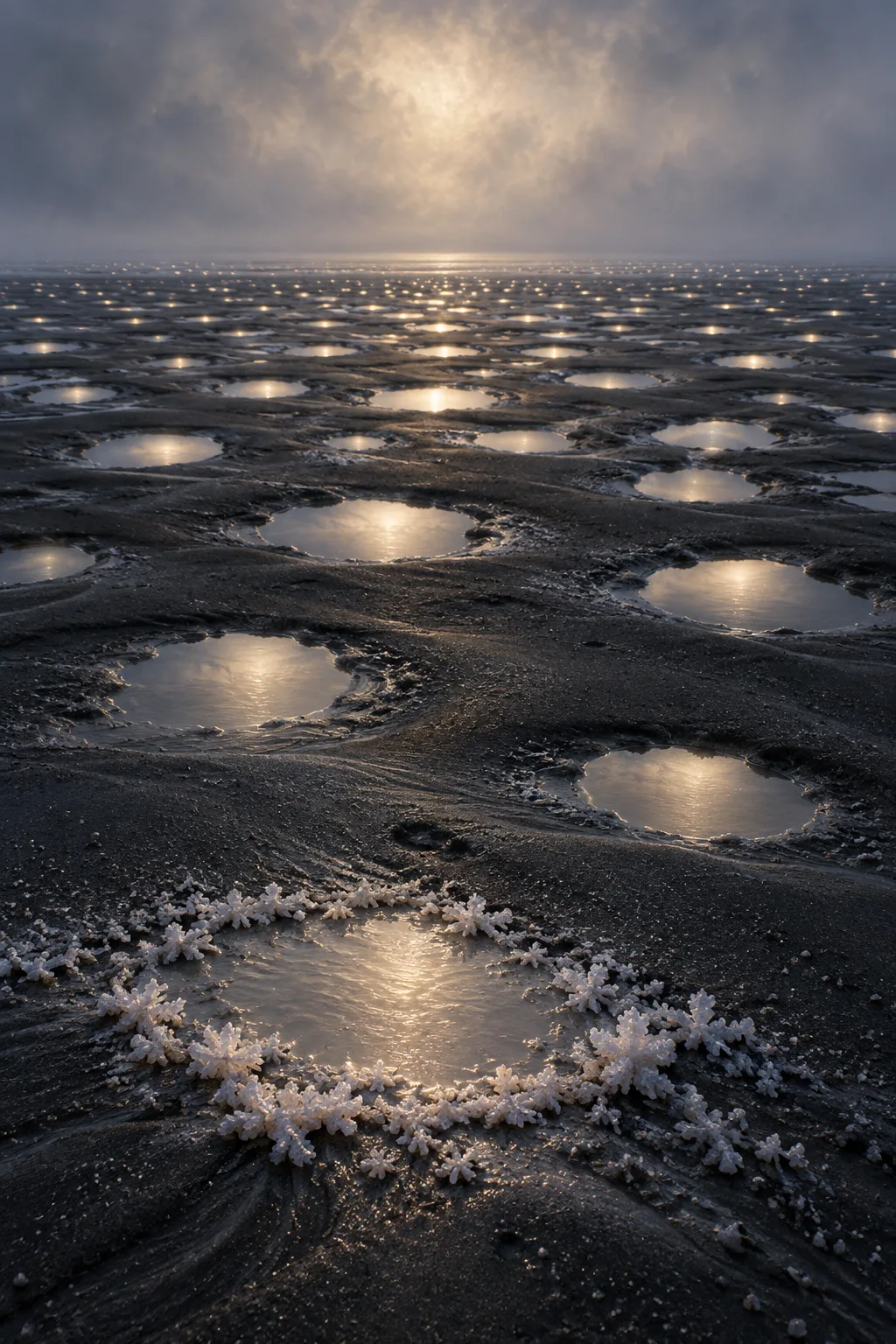 A vast tidal flat at dusk stretching upward toward a distant horizon, shown in a tall …
