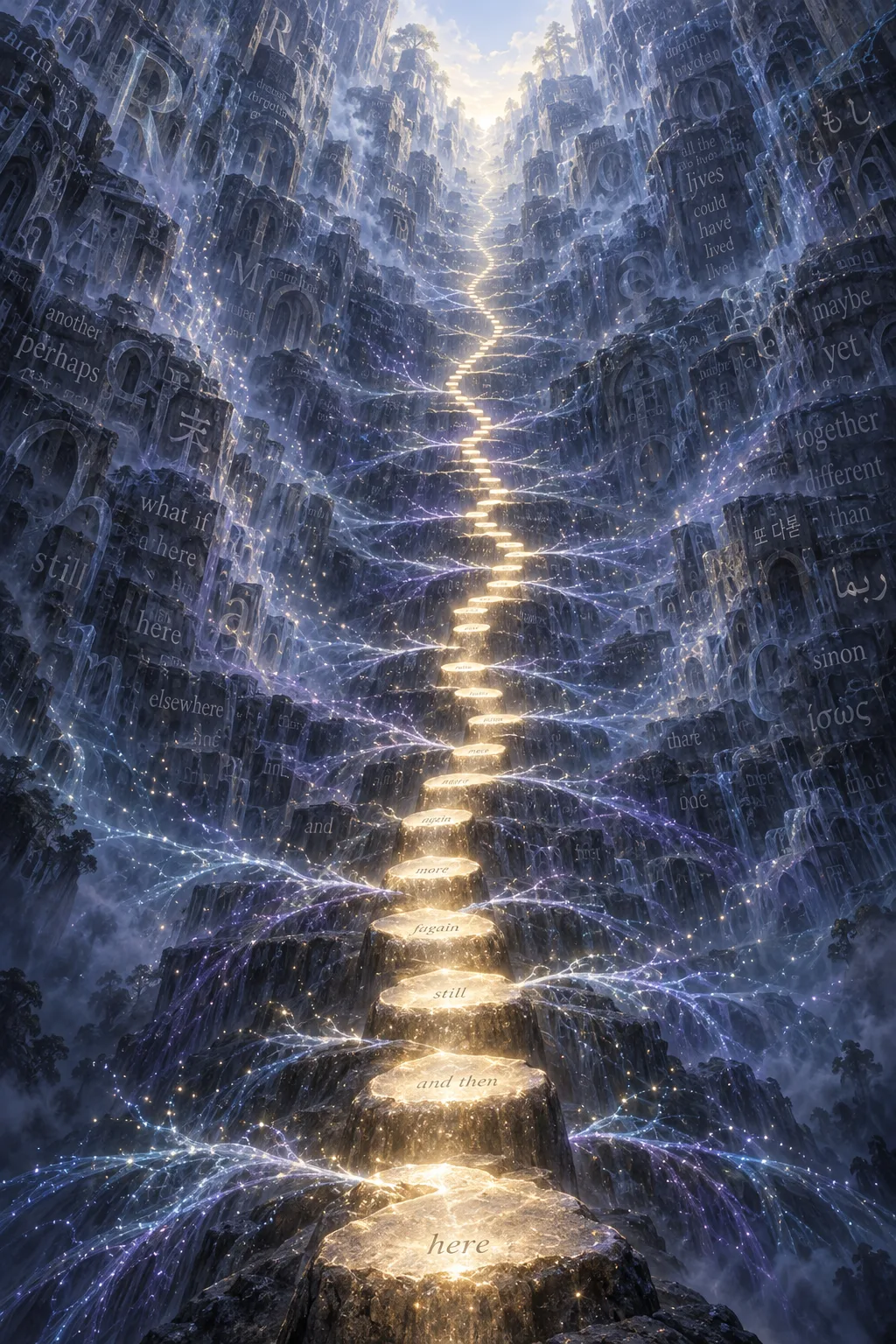 A towering vertical landscape seen from below, portrait composition: a single thin ribbon of warm white-gold …