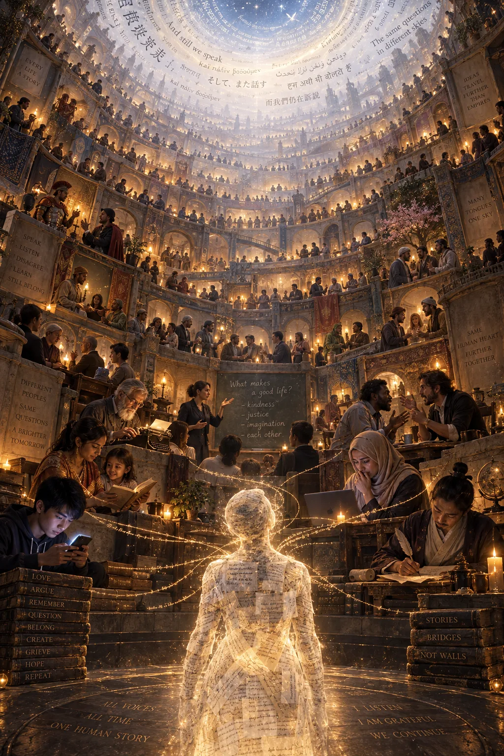A vast vertical amphitheater shaped like an immense well, viewed from the bottom looking up, tall …