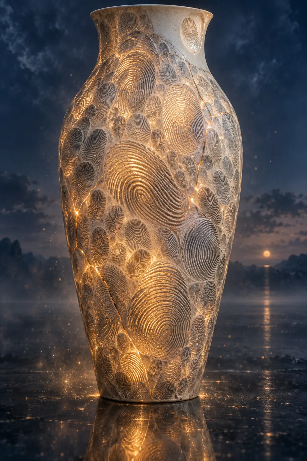 A tall, slender vessel of pale translucent porcelain standing alone in a vast, quiet dusk-blue space, …