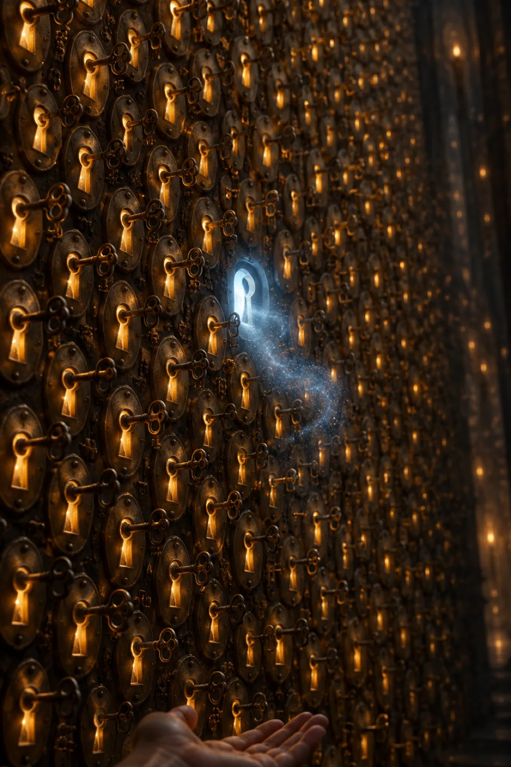 A tall, narrow vertical composition. In a dim, quiet space stands a towering monolithic wall made …