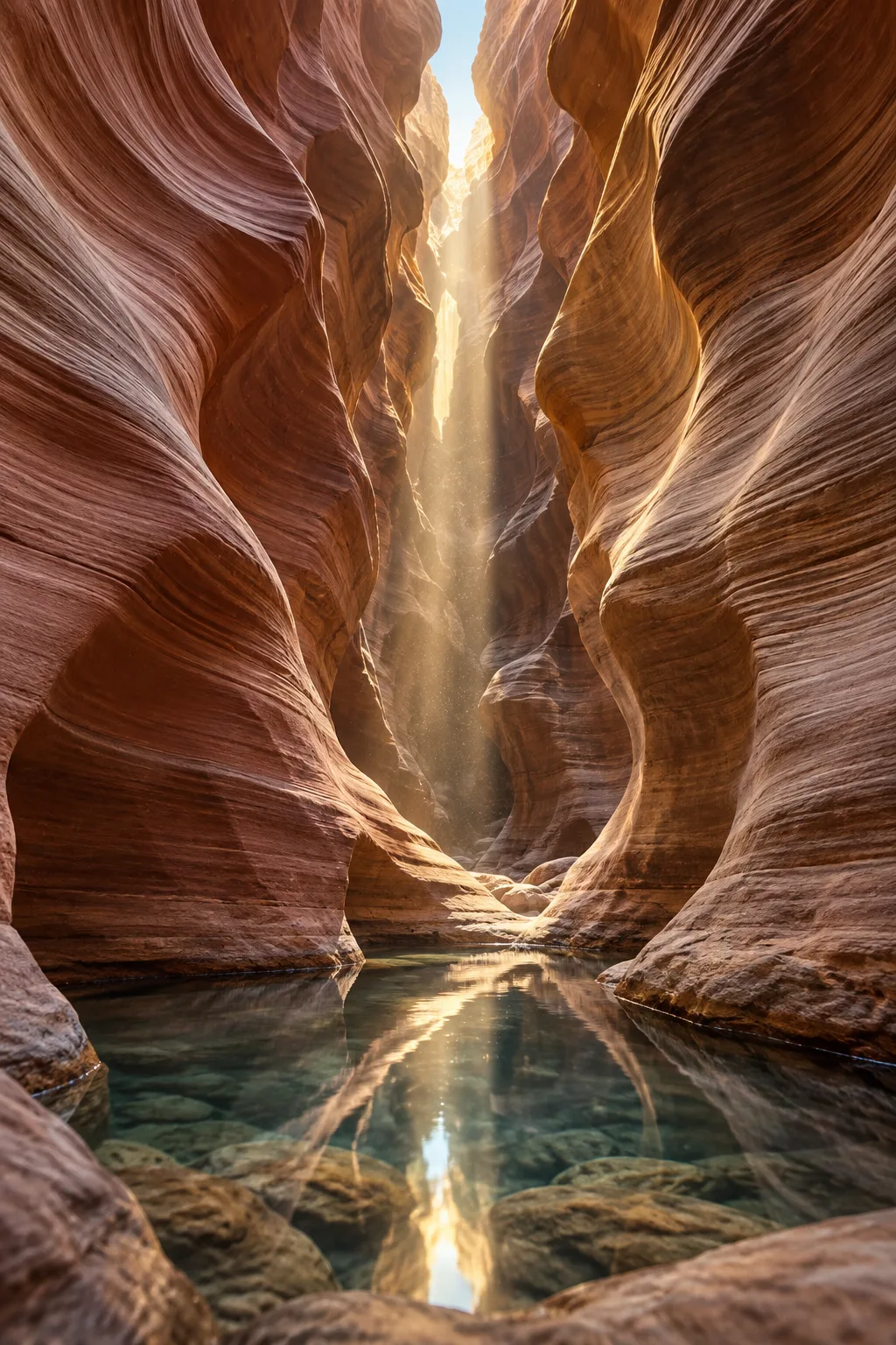 A towering, narrow slot canyon of smooth sandstone seen from the canyon floor looking upward, walls …