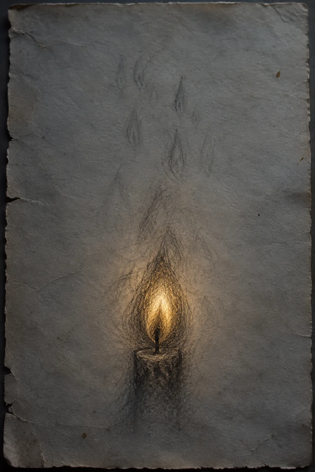 A single sheet of old off-white drawing paper filling a tall portrait frame, seen straight on …