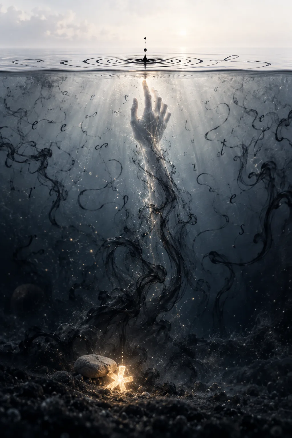 A tall portrait composition divided by the calm surface of a vast, milky-white body of water …