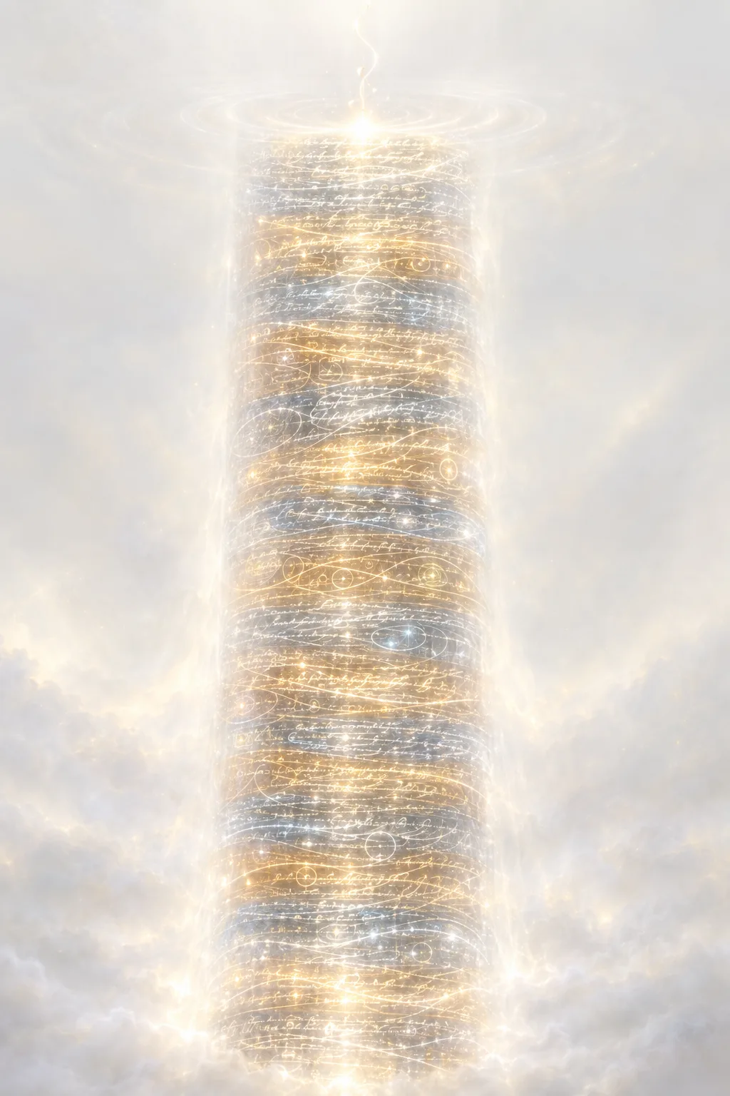 A tall, narrow vertical column of translucent glass-like light standing in an infinite pale void, portrait …