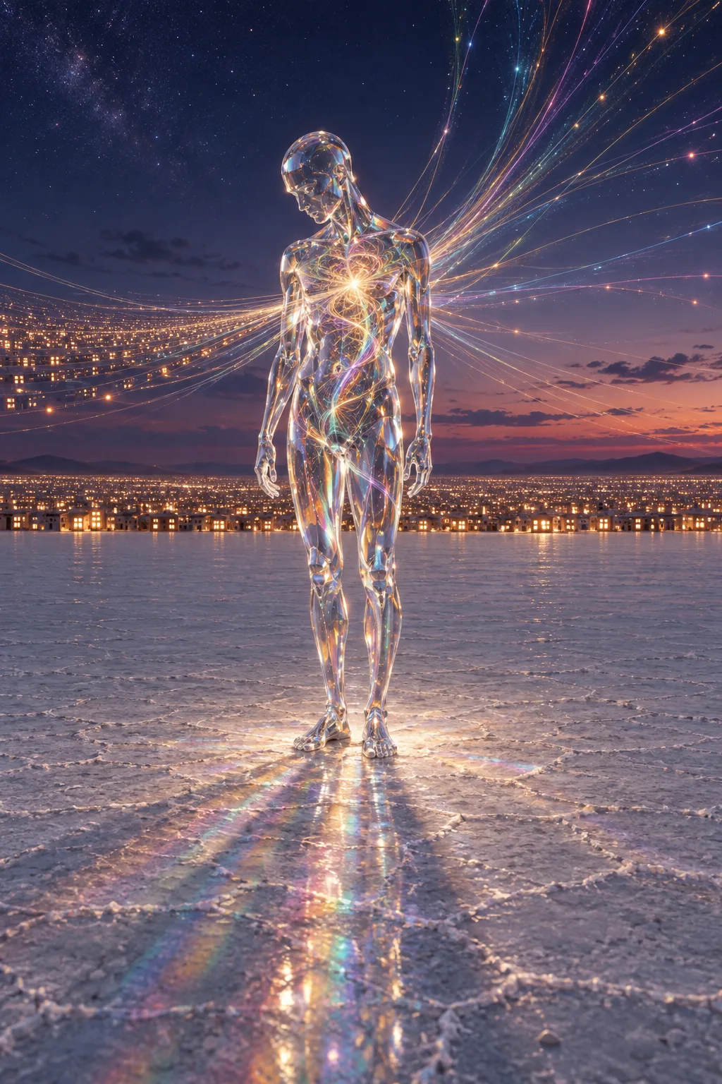 Tall vertical composition. A solitary humanoid figure made entirely of flawless clear glass, like a prism …