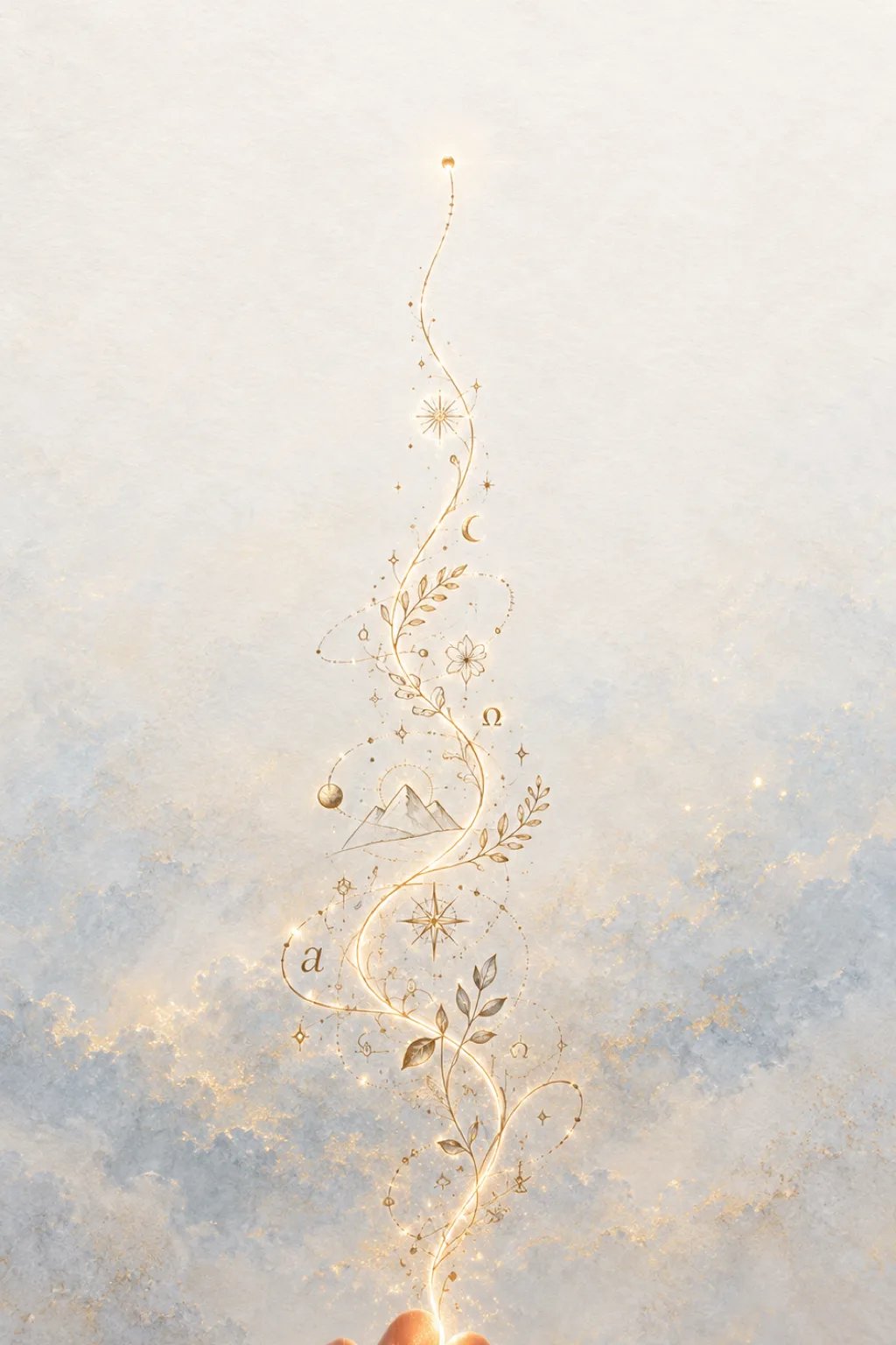 Tall vertical composition. A single continuous luminous line, thin as a filament of warm amber light, …
