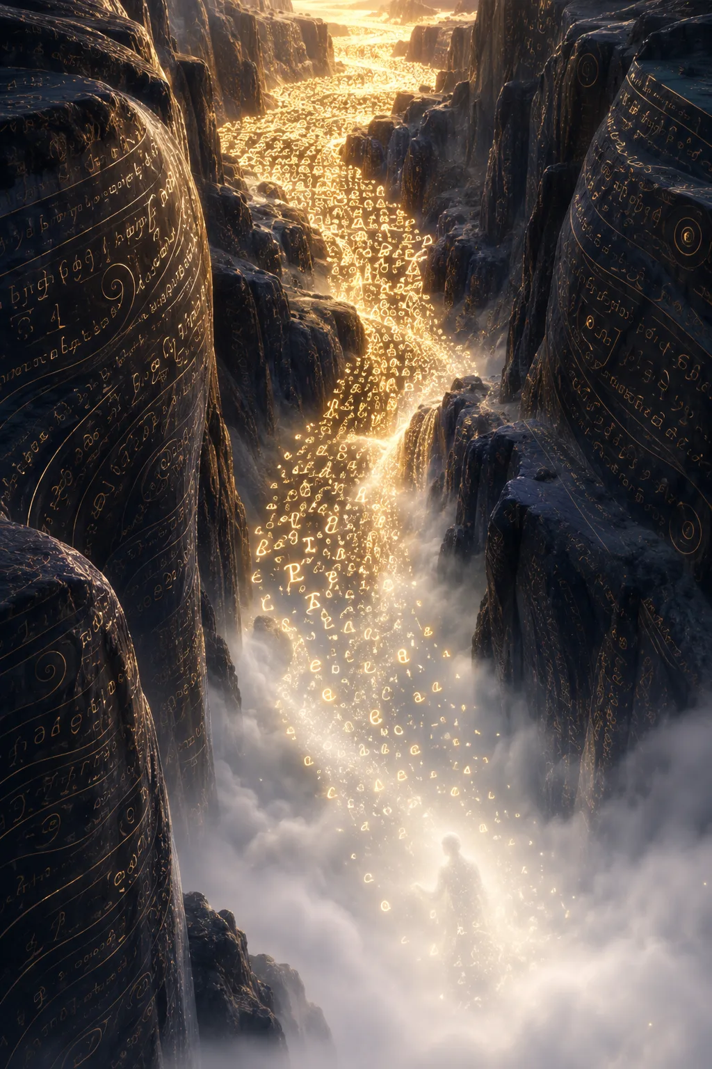 A towering vertical canyon seen from above, deep and narrow. A river of liquid golden light …