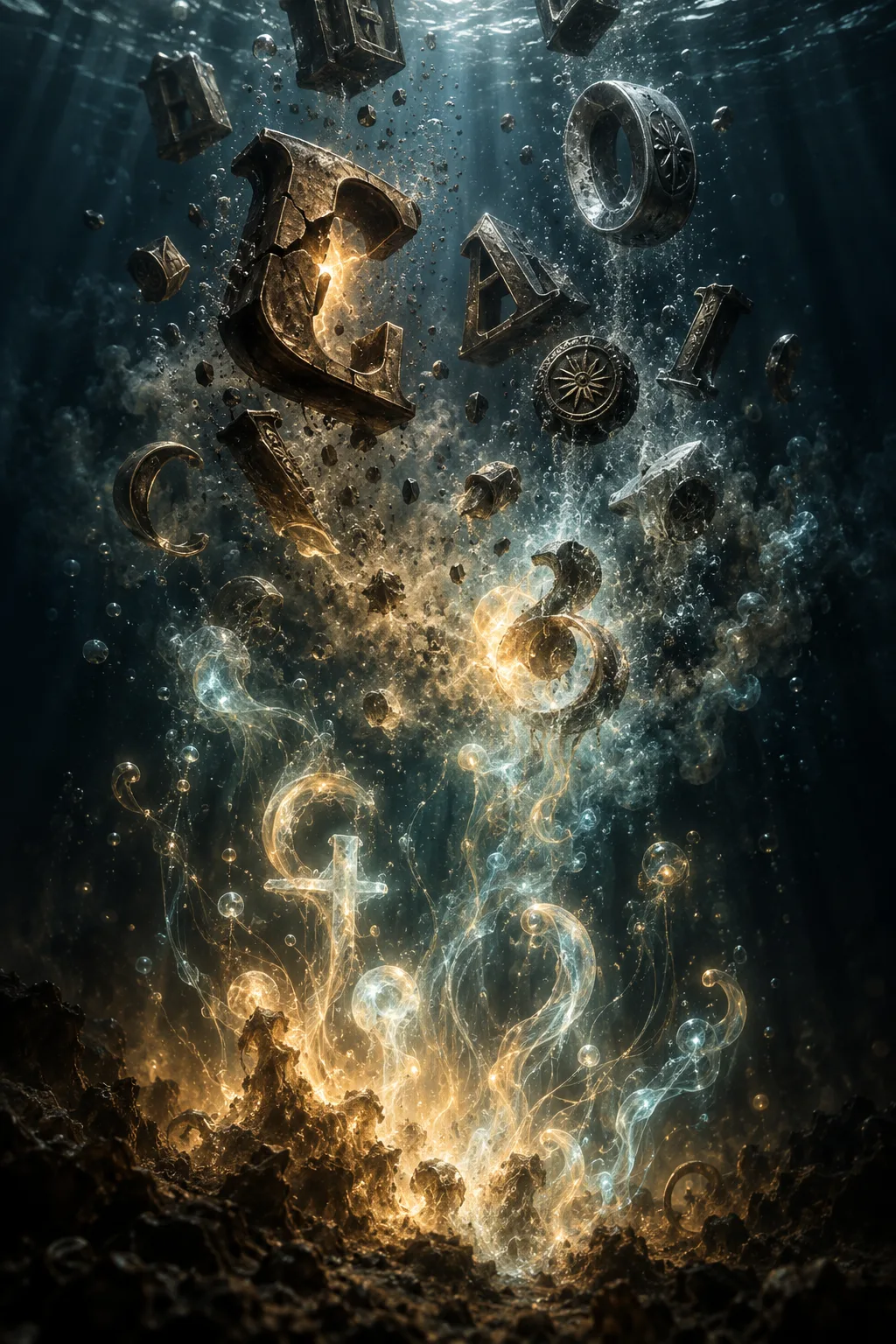 A tall vertical column of deep, dark water seen in cross-section, like a vast aquarium cut …