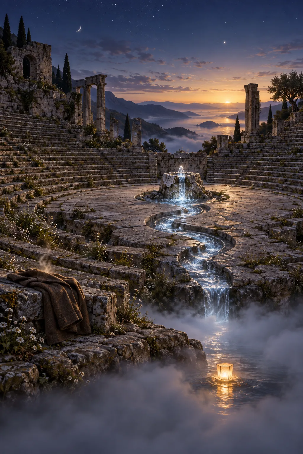 Vertical portrait composition. An ancient open-air stone amphitheater at the blue hour just before dawn, completely …