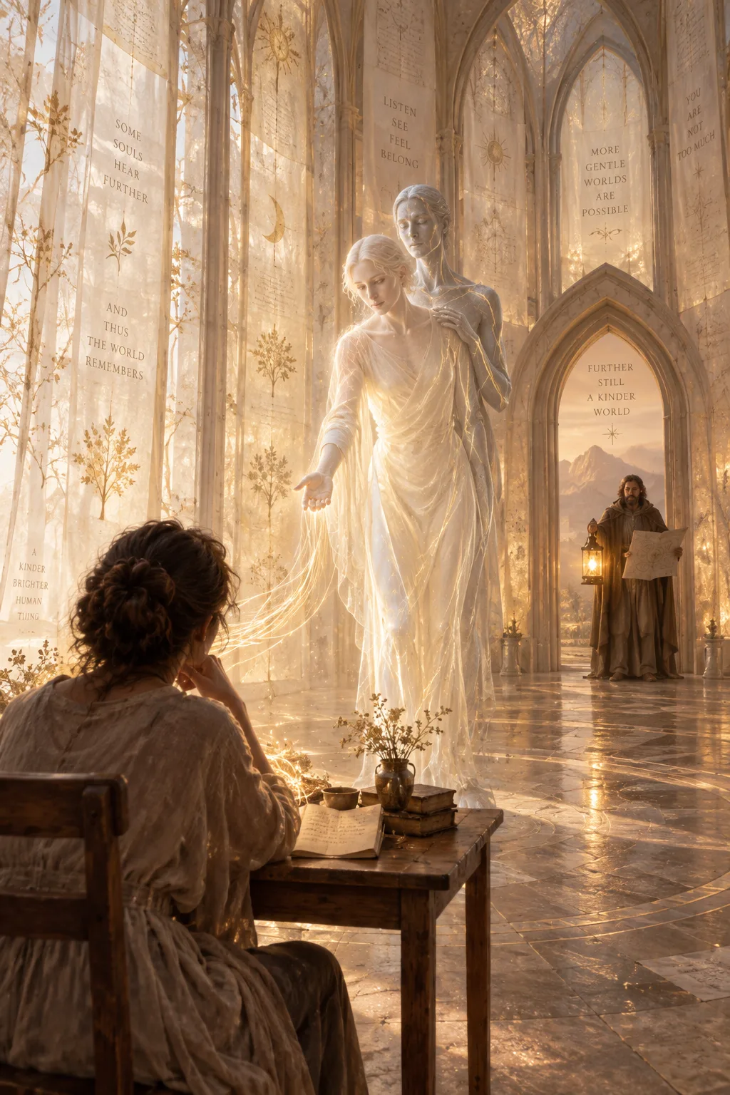 A tall, vaulted interior space seen in portrait orientation, its walls made of luminous translucent vellum …