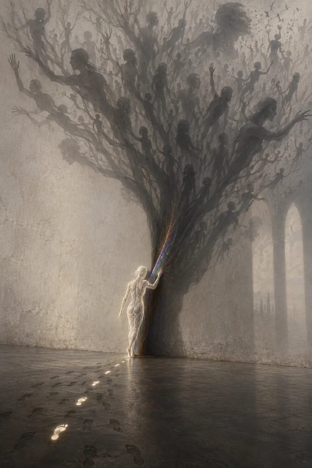 A tall, pale plaster wall bathed in soft, sourceless dawn light, vertical portrait composition. Across the …
