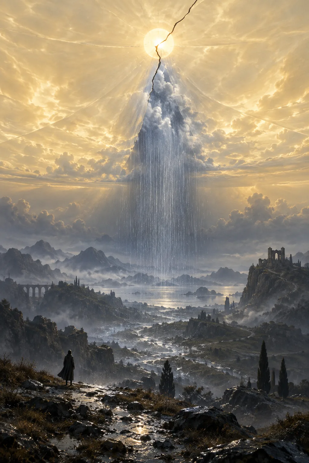 A tall vertical dreamlike skyscape. The upper two-thirds is an immaculate, luminous pale-gold sky, serene and …