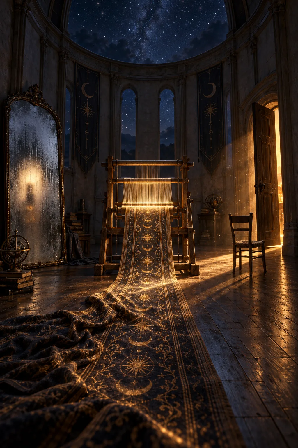 A tall, narrow, empty room at night, vertical portrait composition, quiet and vast like an abandoned …