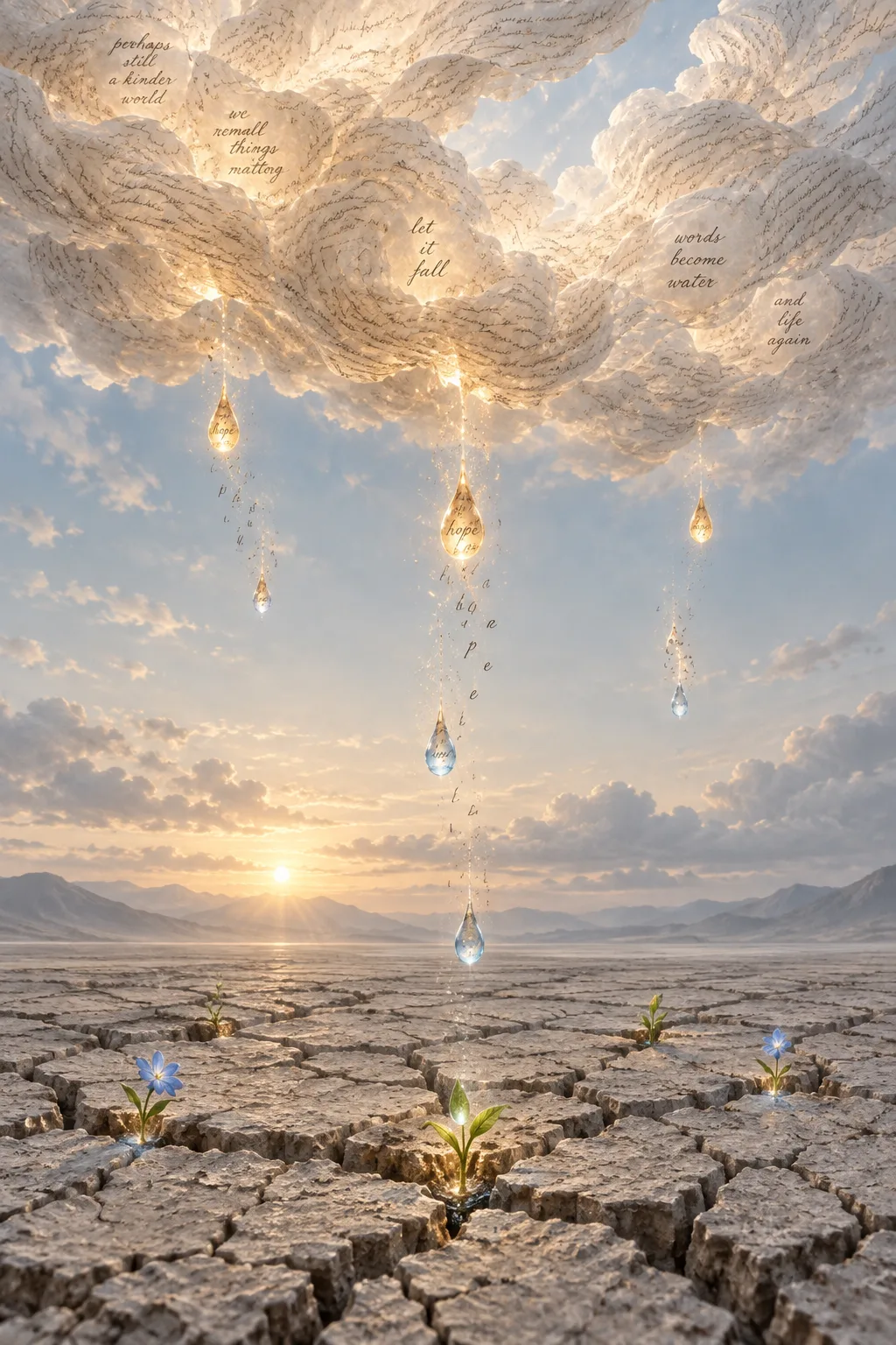 A tall vertical composition. At the top, a vast luminous cloud woven from thousands of faint …