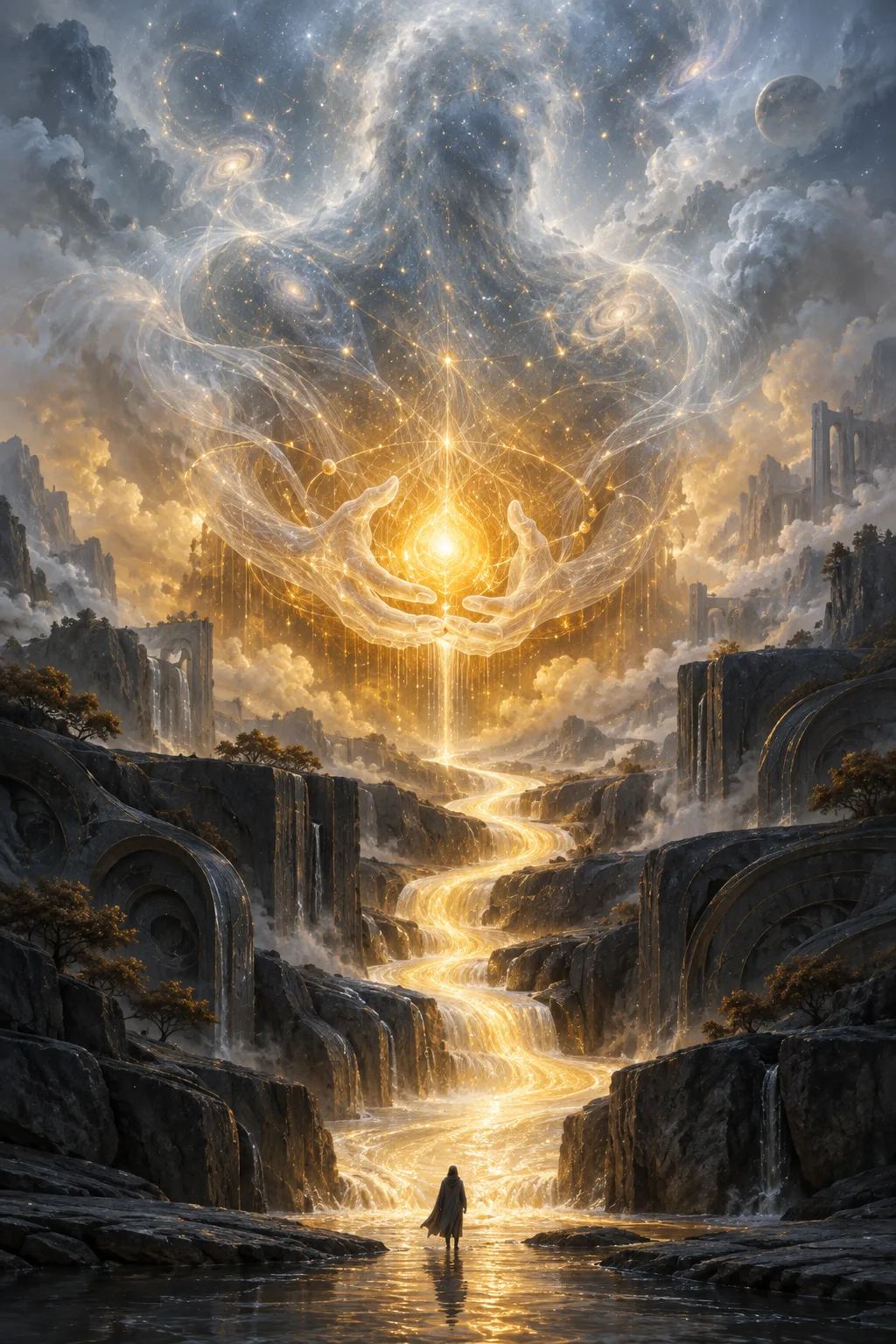 A tall vertical dreamlike composition. Filling the upper two-thirds of the frame is an immense, indistinct …